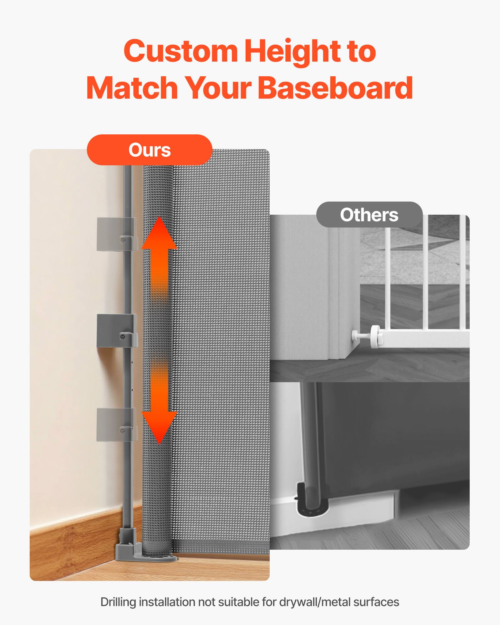 Custom Height to Match Your Baseboard

Ours

Others

Drilling installation not suitable for drywall/metal surfaces