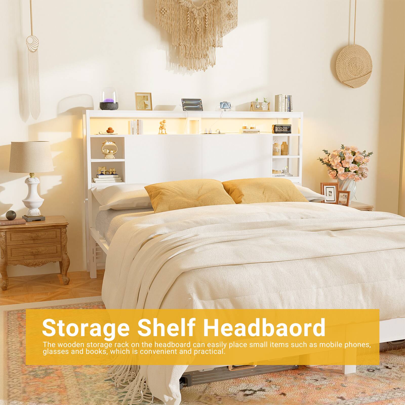 10.20 - Storage Shelf Headboard

The wooden storage rack on the headboard can easily place small items such as mobile phones, glasses, and books, which is convenient and practical.
