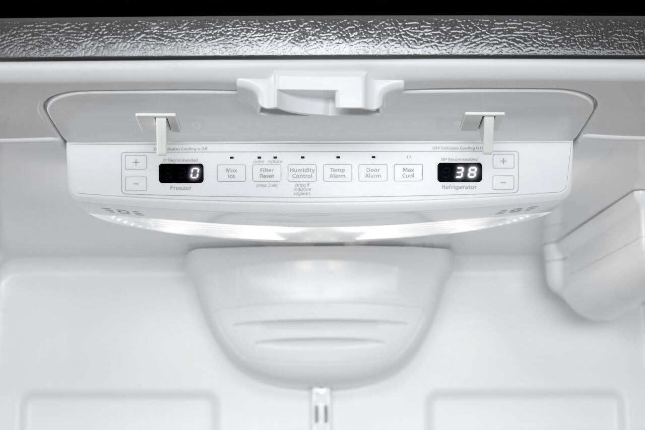 - OFF indicates Cooling is Off
- 38°F Recommended
- Refrigerator: 38
- Freezer: 0
- Max Ice
- Order replace Filter Reset press 3 sec
- Humidity Control press if moisture appears
- Temp Alarm
- Door Alarm
- Max Cool