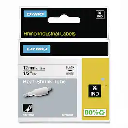 DYMO - 18055 0.5 in. x 5 ft. Rhino Heat Shrink Tubes Industrial Label Tape - /Black Print (1-Roll) - White