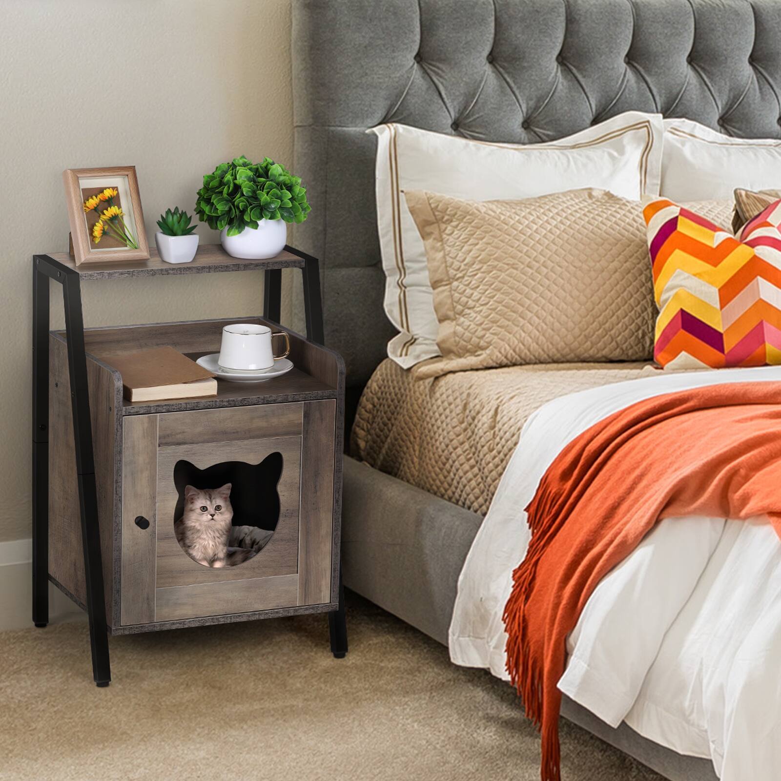 Oumilen - Grey Wood Cat House Nightstand, Multi-Purpose Pet Side Table with Storage Shelf - Gray