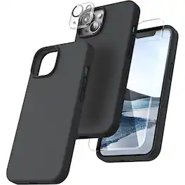 Bundle - Entronix - for iPhone 13 Mini - Silicone Case, Screen Protector & Camera Lens Protector - Black