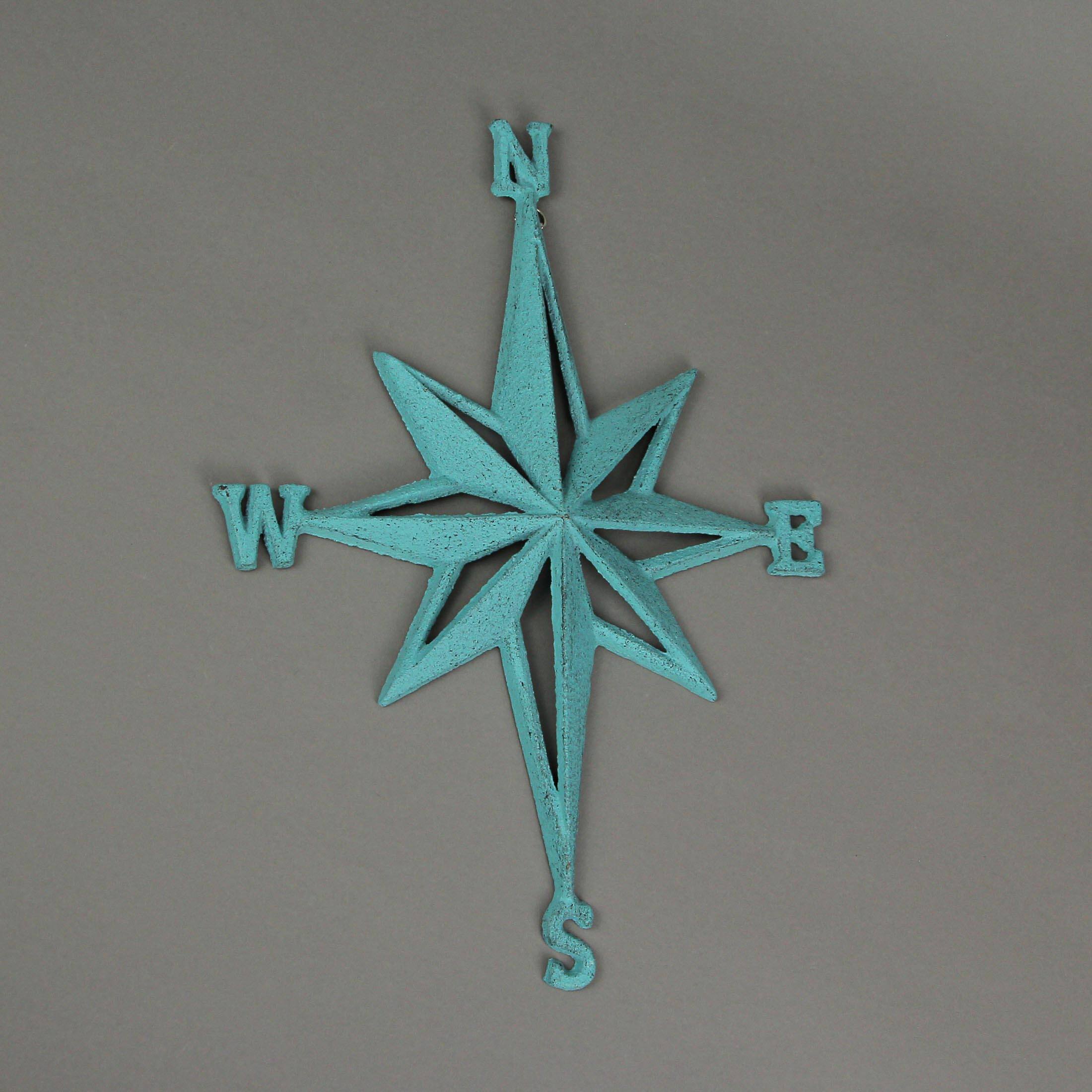 Alt View 3. Zeckos - Turquoise Cast Iron Compass Rose Wall Hanging Sculpture Coastal Home Decor Art - Turquoise.