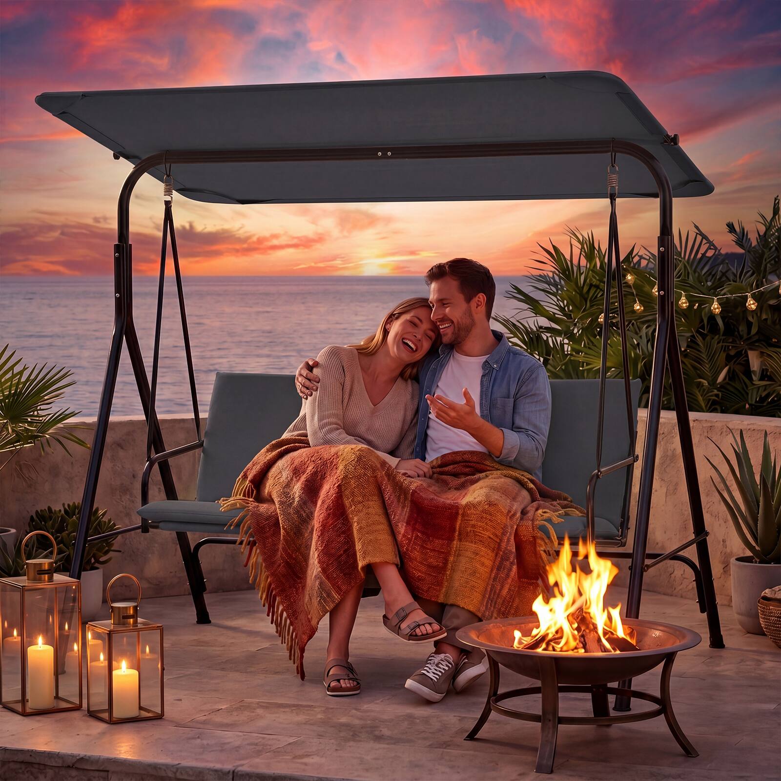 Alt View 3. Costway - Costway 3-Seat Outdoor Patio Swing Chair with Armrests,Adjustable Tilt Canopy & Stand - Gray.