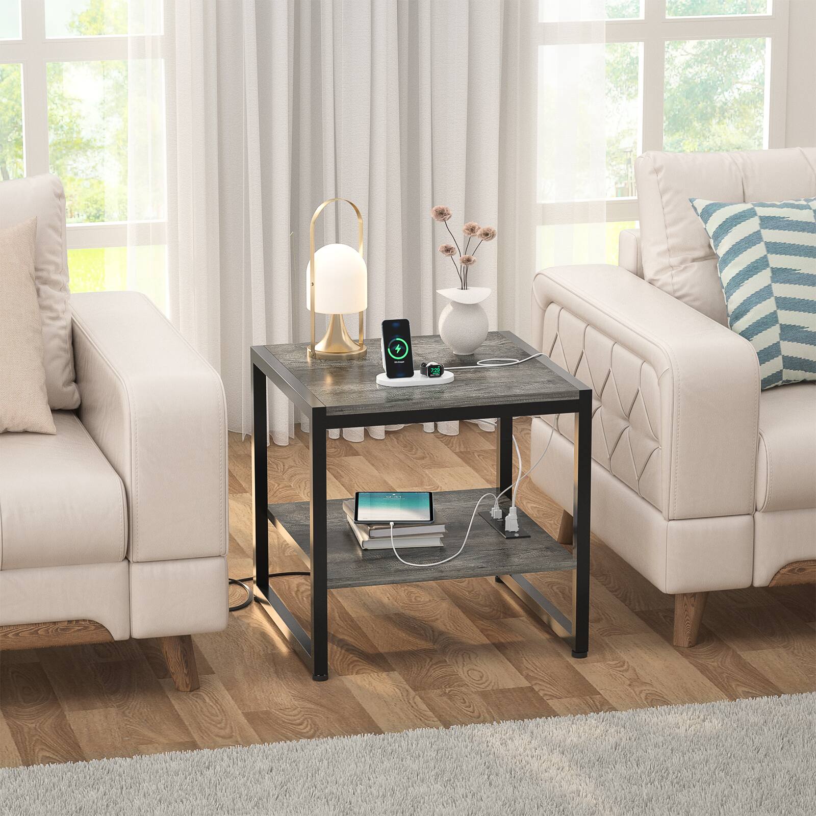 Angle. Aheaplus - 20'' Wide End Table with Charging Station, 2-Tier Square Mini Refrigerator Stand for Kitchen/Living Room - Gray Oak.