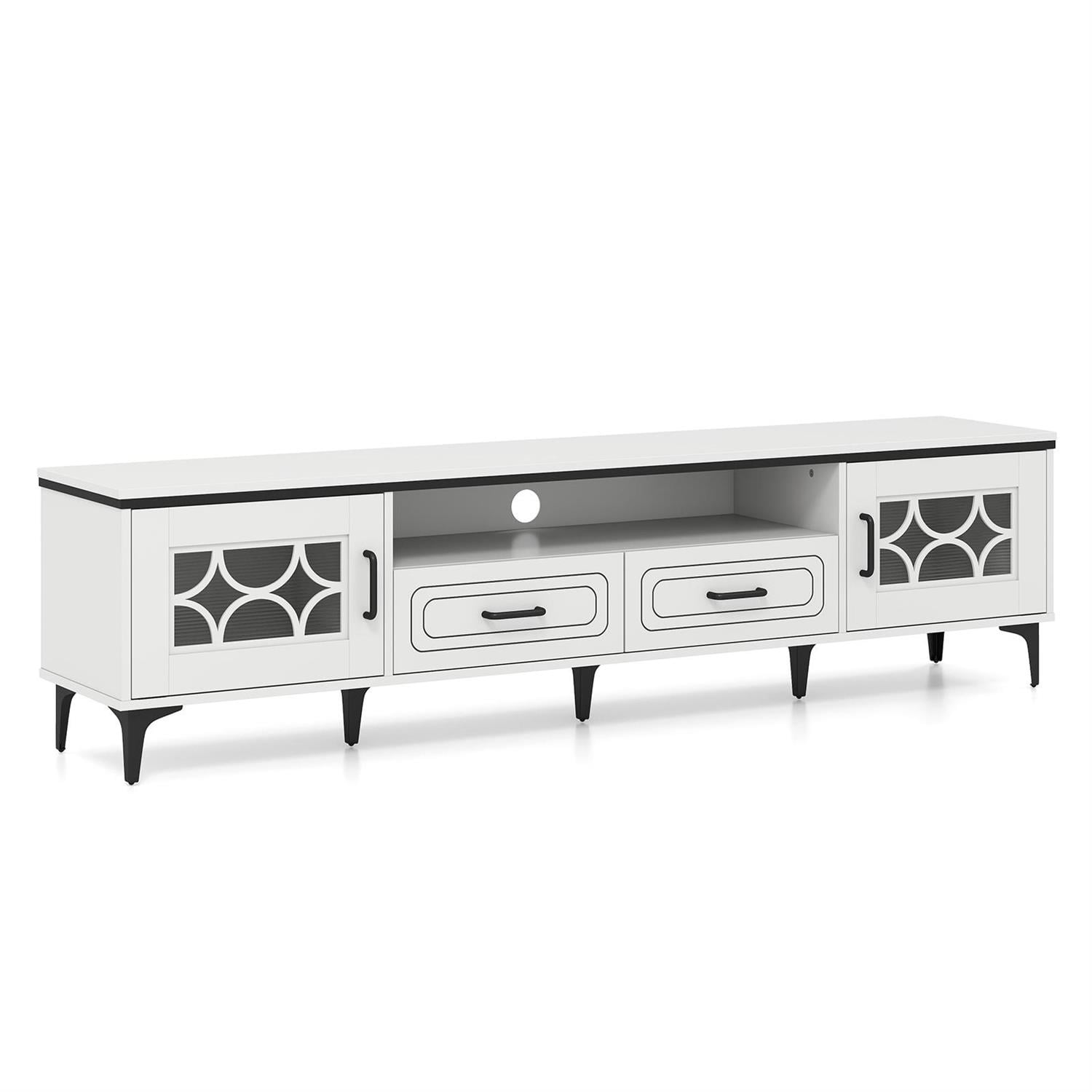 Back. Pefilos - Farmhouse TV Stand, 80" TV Compatible, 2 Cabinets & 2 Drawers with Clear Doors, White TV Cabinet - White.