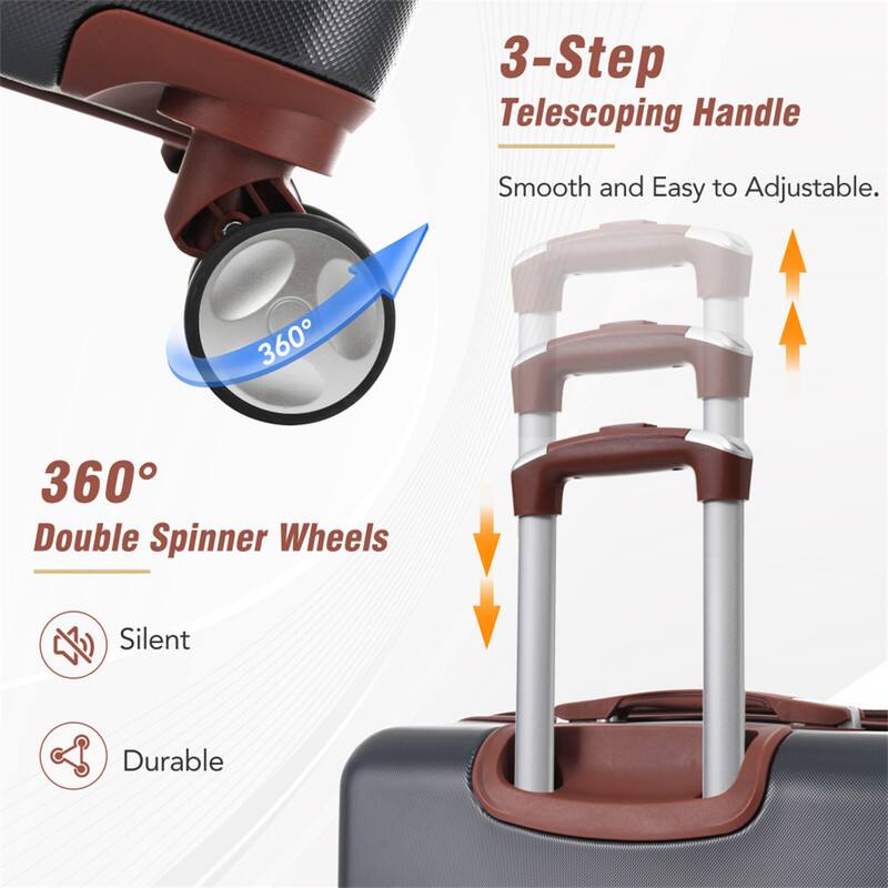 3-Step Telescoping Handle  
Smooth and Easy to Adjustable.  

360° Double Spinner Wheels  
Silent  
Durable