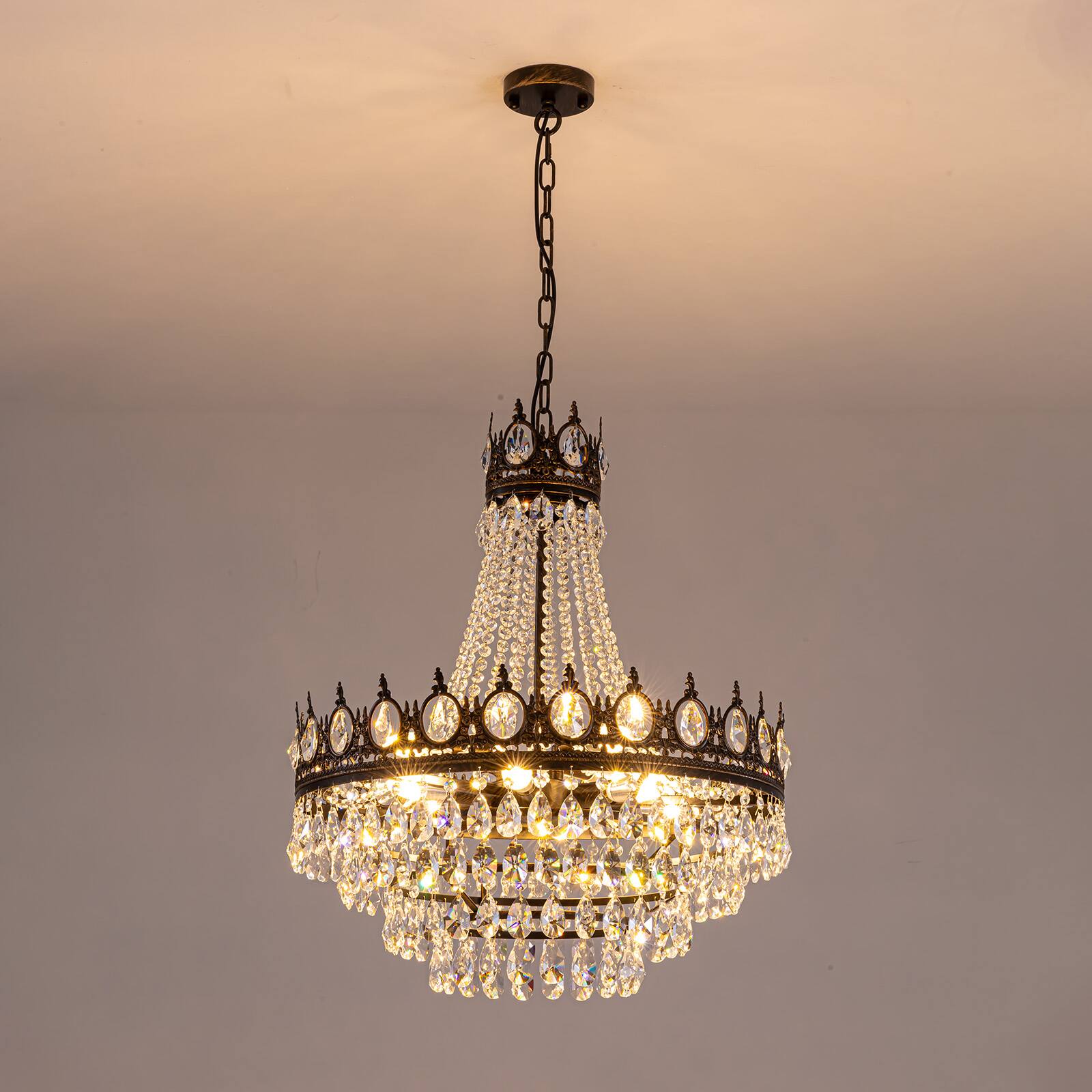 Alt View 7. Siljoy - 23.6" Vintage 9-Light Crystal Chandelier, Black Gold Adjustable Chain E12 Pendant Light for Living Room Dining Foyer - Antique Black Gold.