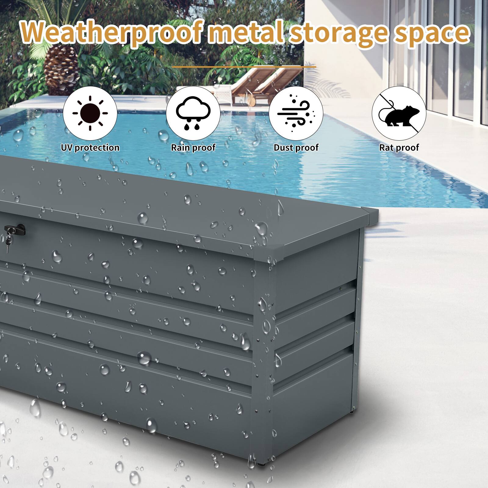 Weatherproof metal storage space

- UV protection
- Rain proof
- Dust proof
- Rat proof