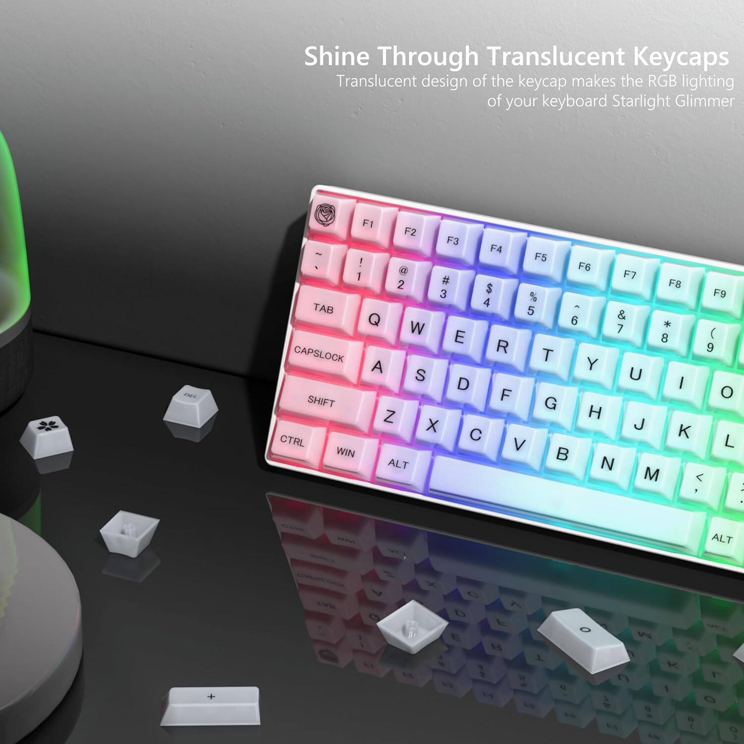 Shine Through Translucent Keycaps

Translucent design of the keycap makes the RGB lighting of your keyboard Starlight Glimmer

F1 F2 F3 F4 F5 F6 F7 F8 F9

TAB 1 2 3 4 5 6 7 8 9

Q W E R T Y U I O

A S D F G H J K L

CAPSLOCK Z X C V B N M

SHIFT

CTRL WIN ALT