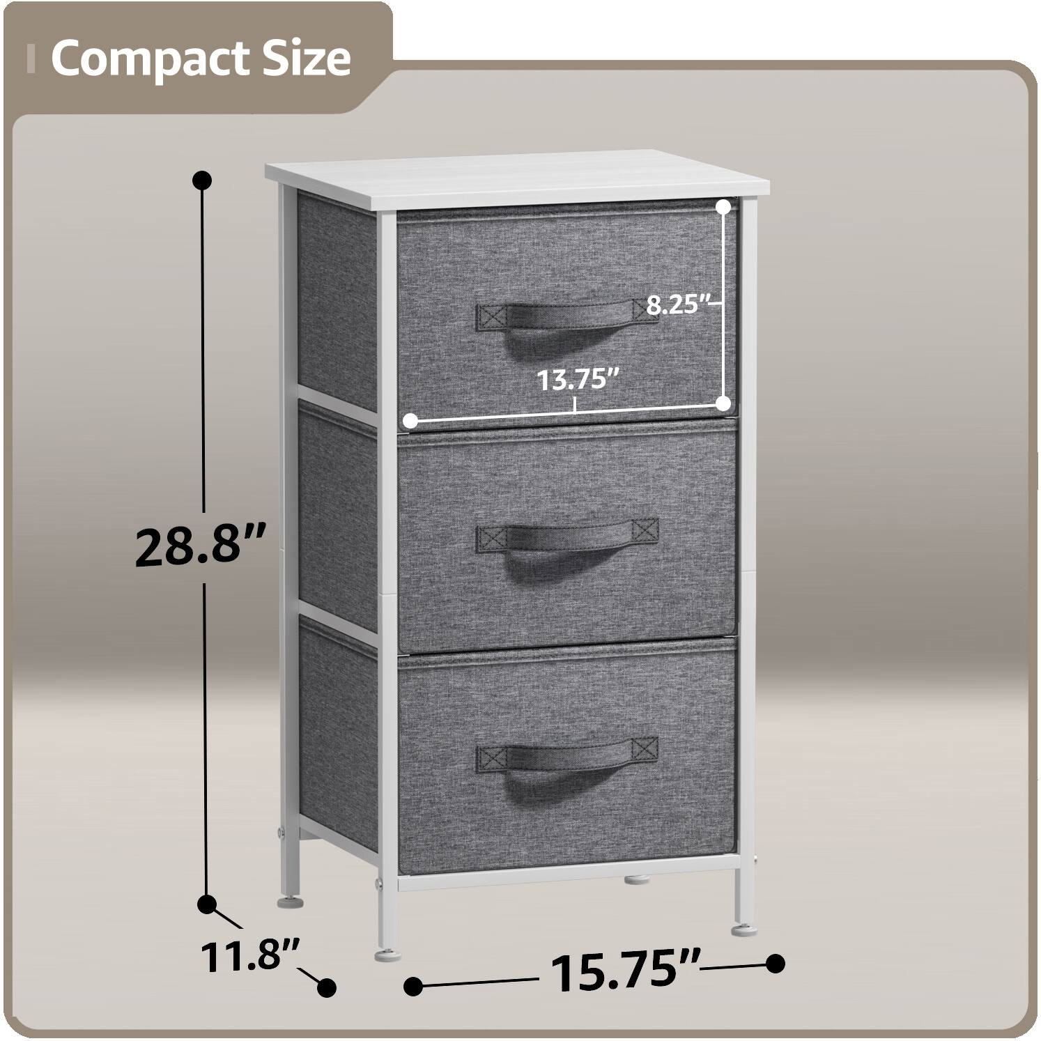 Compact Size

- Height: 28.8"
- Width: 15.75"
- Depth: 11.8"
- Drawer Height: 8.25"
- Drawer Width: 13.75"