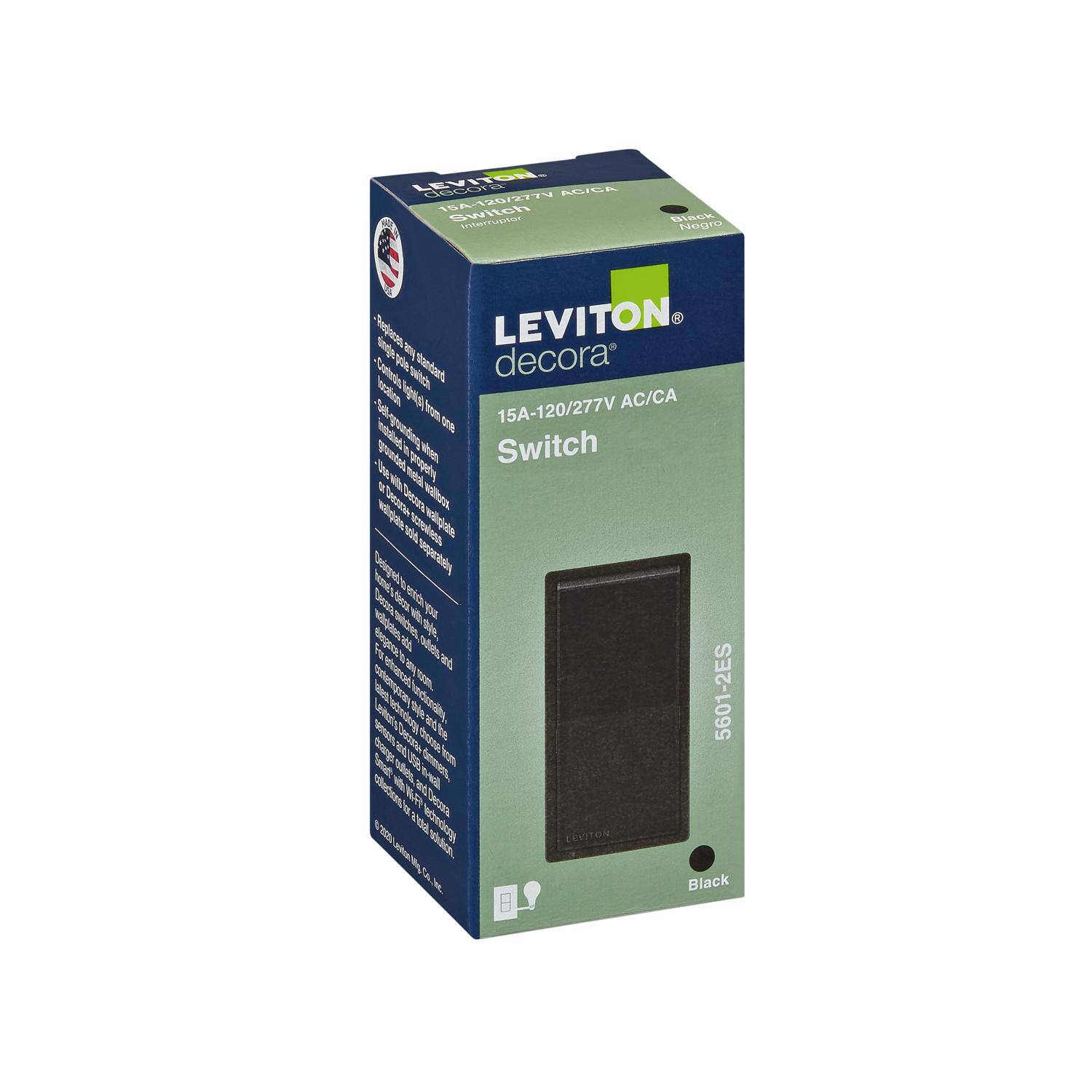 LEVITON  
decora  
15A-120/277V AC/CA  
Switch  
Black Negro  

5601-2ES  

LEVITON  
decora  
15A-120/277V AC/CA  
Switch  

Black