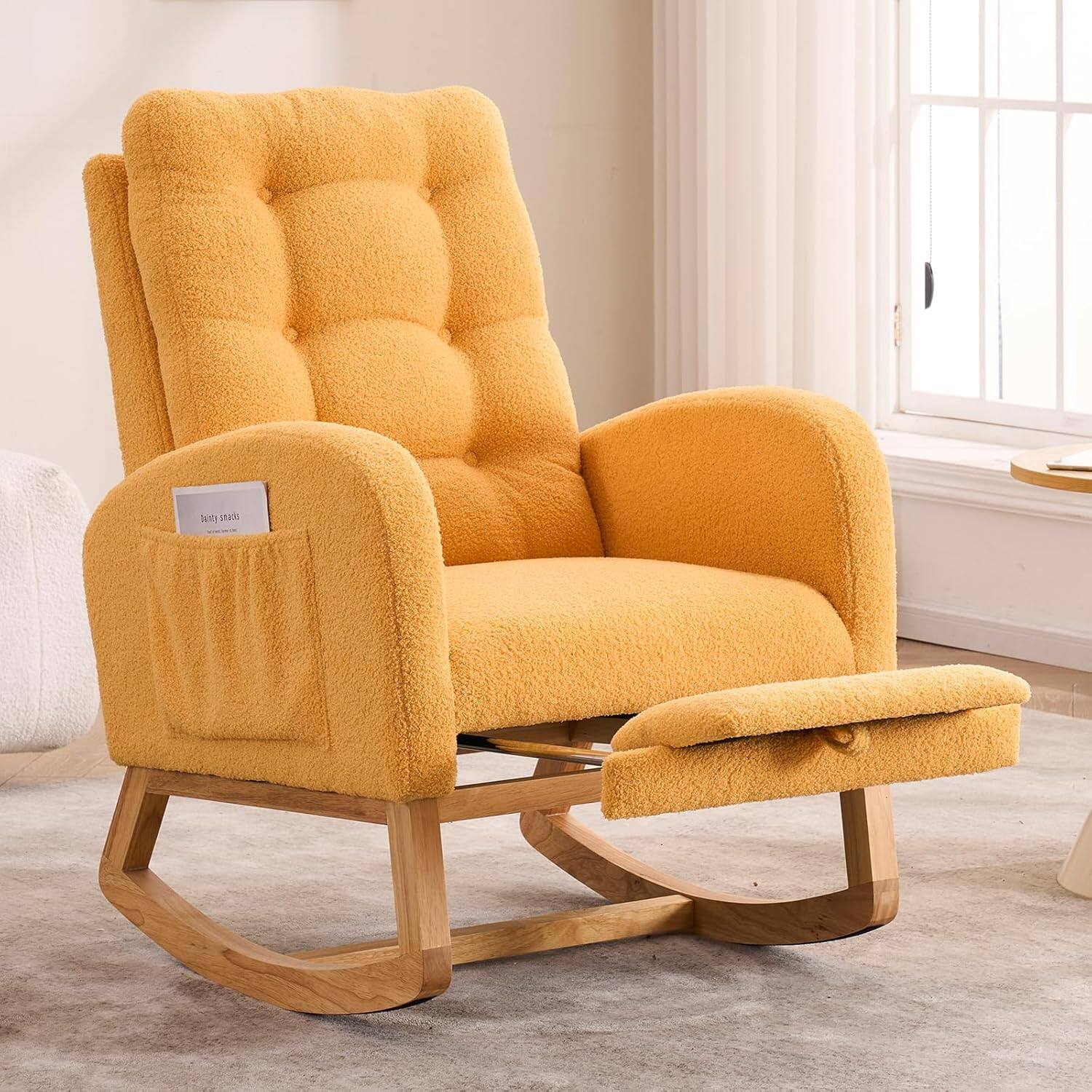 Trinkets Crazed - Nursery Rocking Chair Upholstered Glider Chair with Footrest Tufted Rocker Recliner with Side Pocket - Yellow Teddy