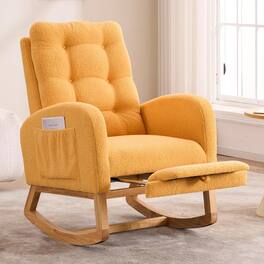 Trinkets Crazed - Nursery Rocking Chair Upholstered Glider Chair with Footrest Tufted Rocker Recliner with Side Pocket - Yellow Teddy