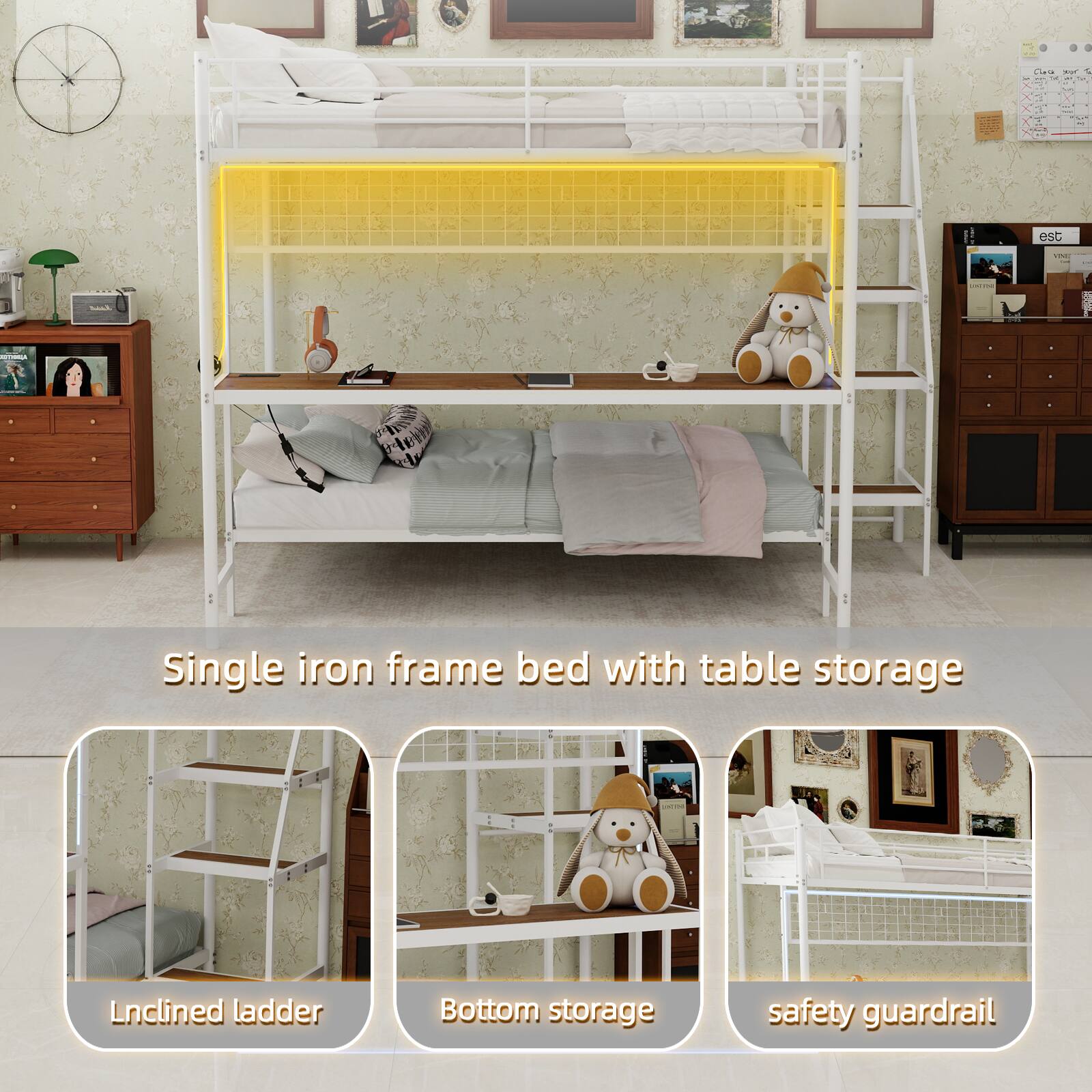 Caia: 1 est KONE Single iron frame bed with table storage, Inclined ladder, Bottom storage, safety guardrail