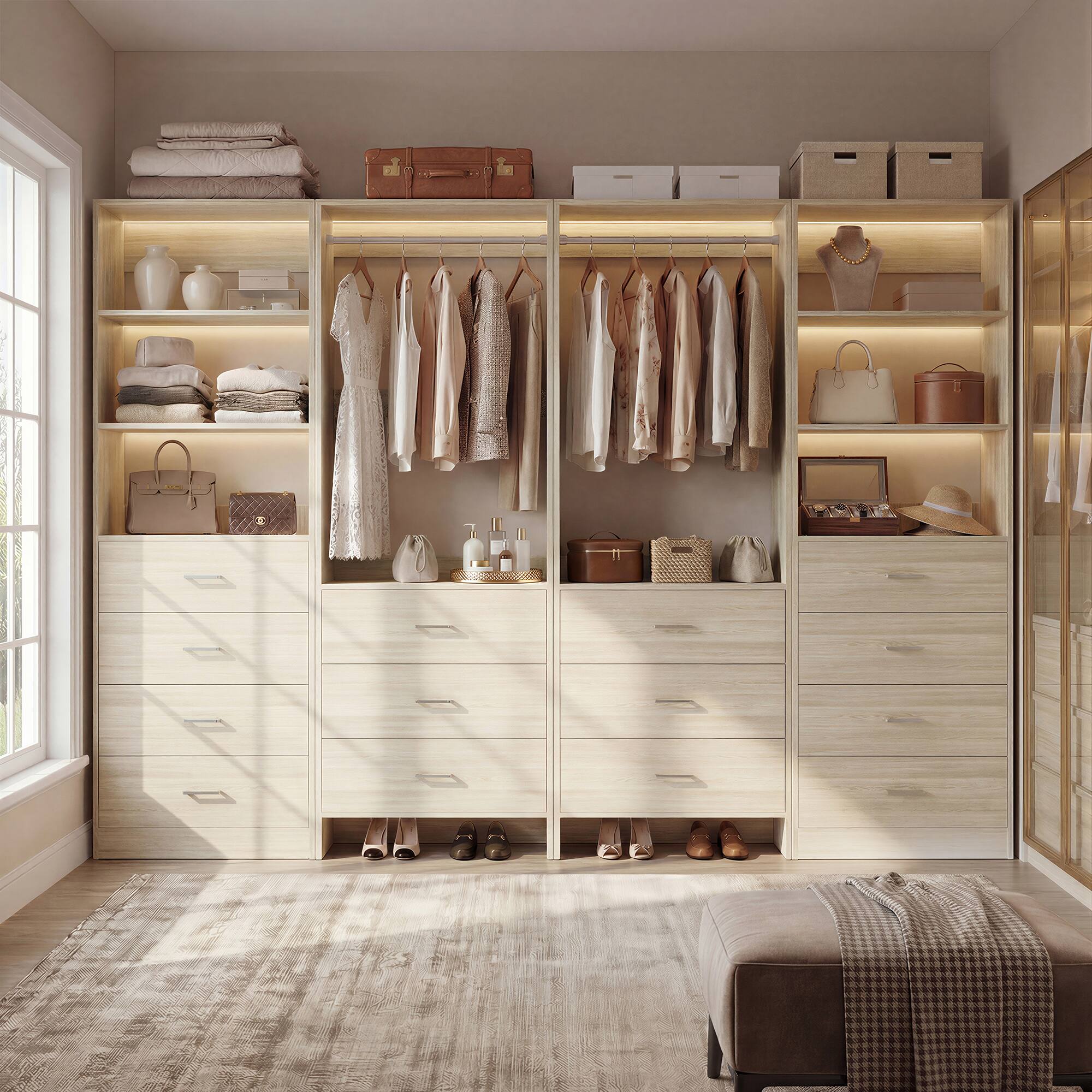 Alt View 3. Aheaplus - 90'' Walk-in Closet Organizer System with 14 Drawers, 2 Hanging Rods and Adjustable Shelves - Beige Oak.