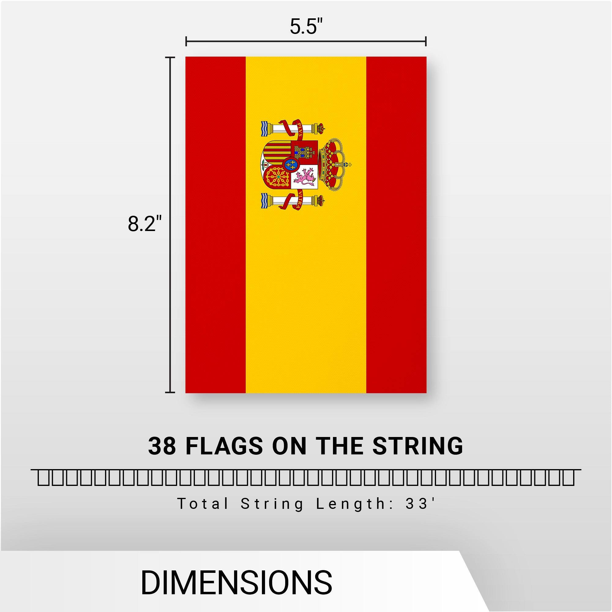 5.5" x 8.2"  
38 FLAGS ON THE STRING  
Total String Length: 33'  
DIMENSIONS