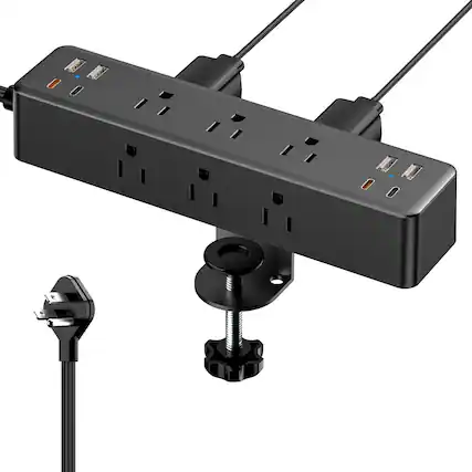 Front. Dazzed Corner - Flat Plug Desk Clamp Power Strip – 9 AC, 8 USB (4 USB-C) - Black.