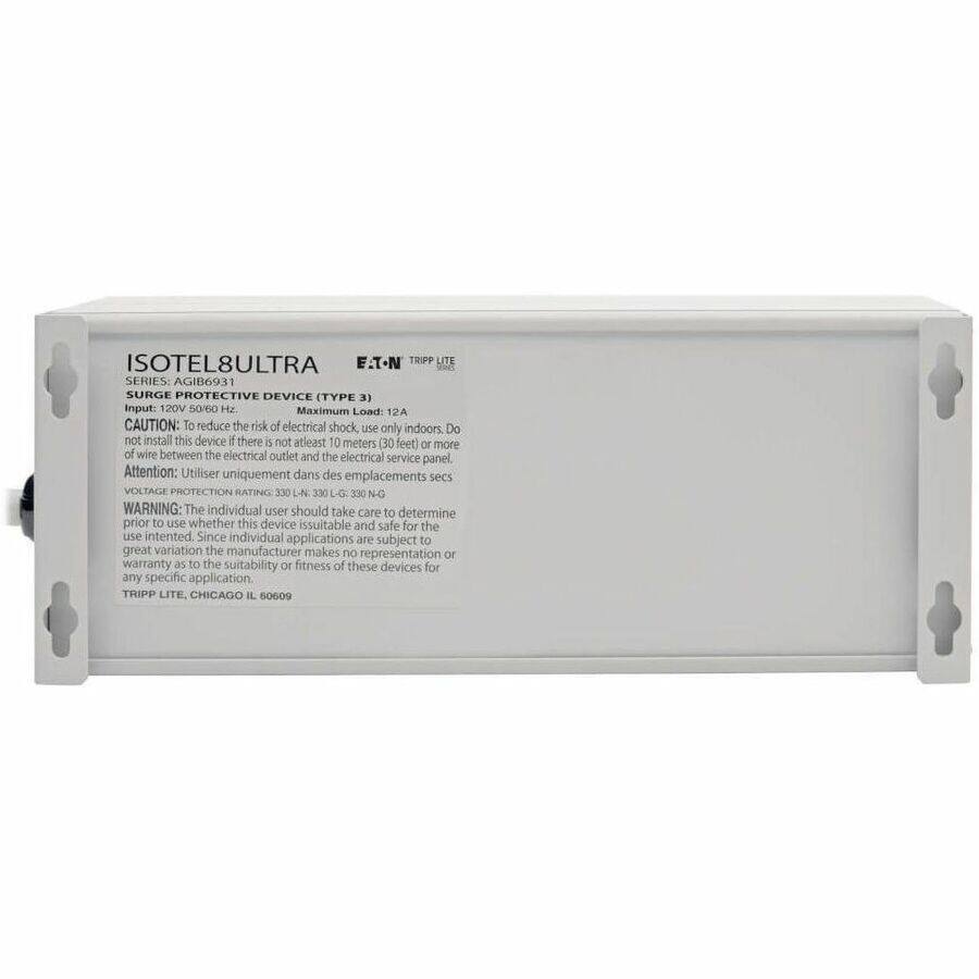 ISOTEL8ULTRA  
E-TN TRIPP LITE  
SERIES: AGIB6931  
SURGE PROTECTIVE DEVICE (TYPE 3)  
Input: 120V 50/60 Hz  
Maximum Load: 12A  

CAUTION: To reduce the risk of electrical shock, use only indoors. Do not install this device if there is not at least 10 meters (30 feet) or more of wire between the electrical outlet and the electrical service panel.  
Attention: Utiliser uniquement dans des emplacements secs  

VOLTAGE PROTECTION RATING: 330 L-N 330 L-G 330 NG  

WARNING: The individual user should take care to determine prior to use whether this device is suitable and safe for the use intended. Since individual applications are subject to great variation, the manufacturer makes no representation or warranty as to the suitability or fitness of these devices for any specific application.  

TRIPP LITE, CHICAGO IL 60609