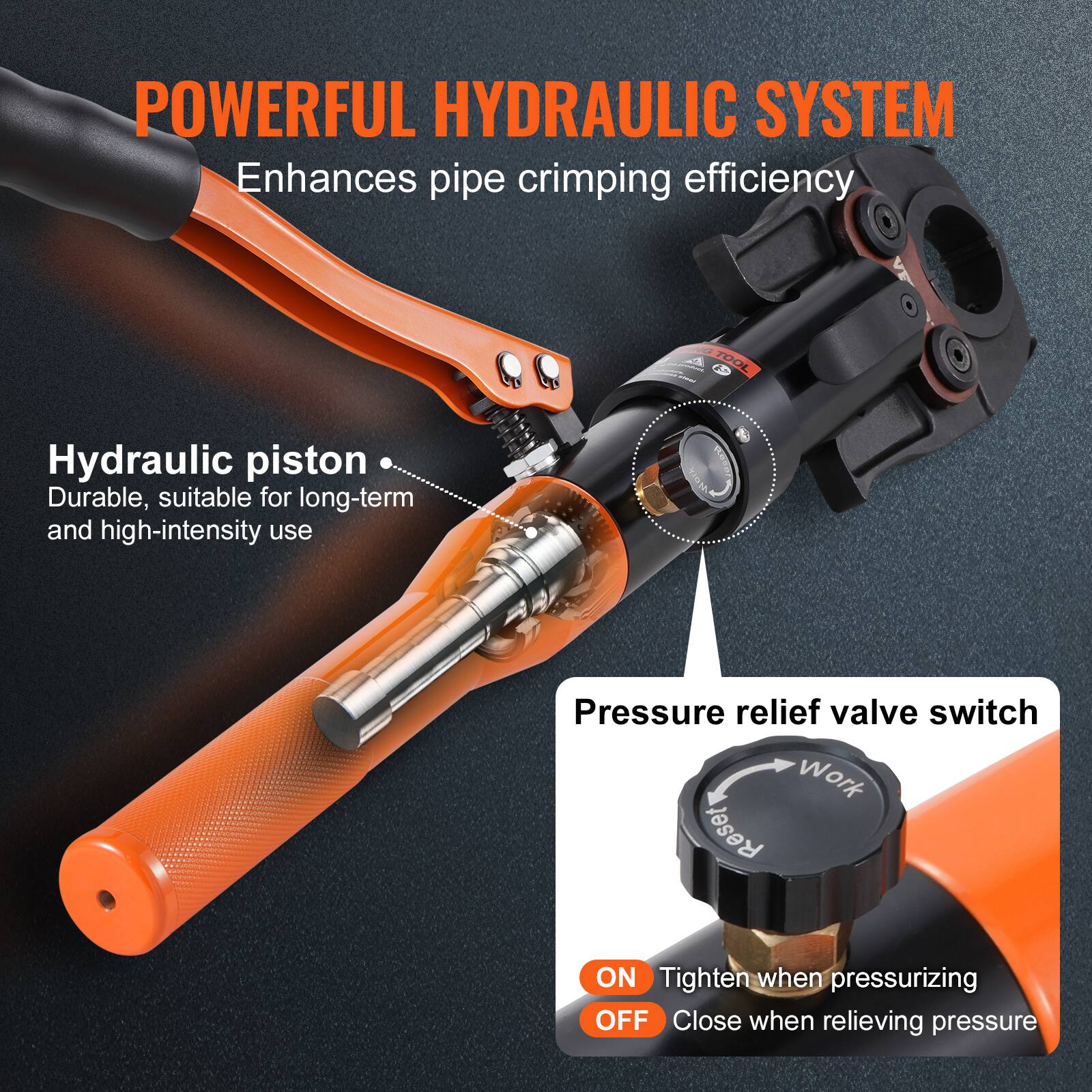 POWERFUL HYDRAULIC SYSTEM  
Enhances pipe crimping efficiency  

Hydraulic piston  
Durable, suitable for long-term and high-intensity use  

Pressure relief valve switch  
ON: Tighten when pressurizing  
OFF: Close when relieving pressure