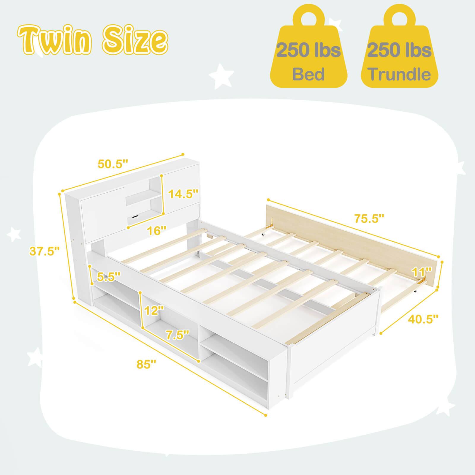 Twin Size Bed Trundle:

* Weight limit: 250 lbs
* Dimensions: 50.5" x 14.5" x 16"
* Trundle dimensions: 75.5" x 37.5" x 5.5"
* Mattress dimensions: 11" x 12" x 7.5"
* Overall dimensions: 85" x 40.5"