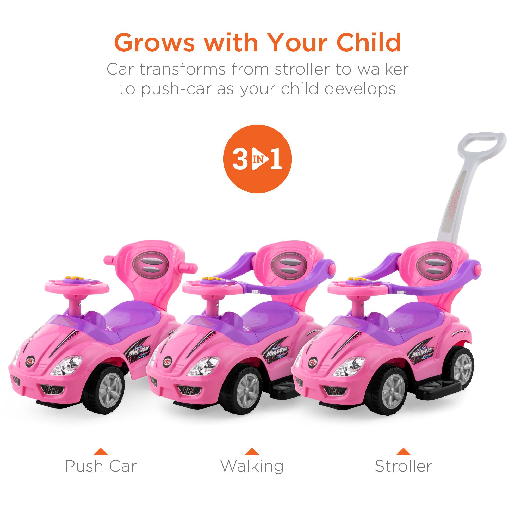 Grows with Your Child  
Car transforms from stroller to walker to push-car as your child develops  
3 IN 1  
Aens e N Mea - Mignia MiE Push Car Walking Stroller