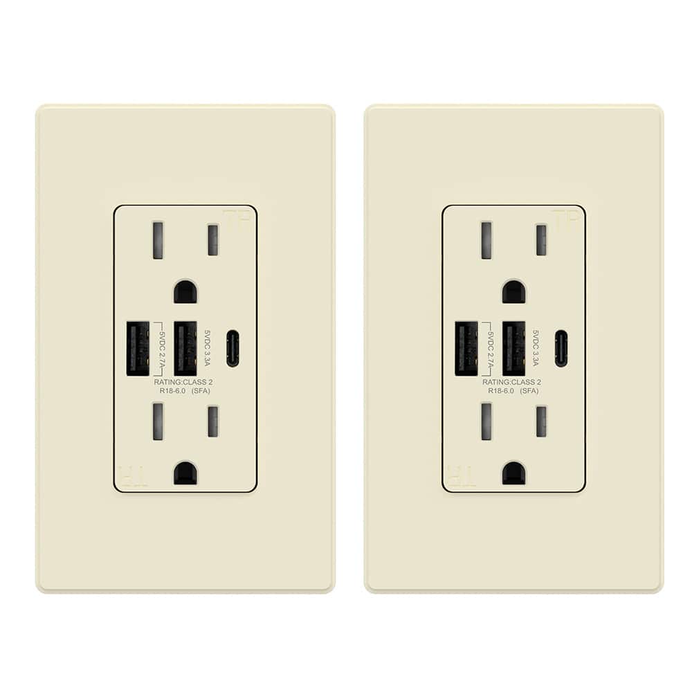 ELEGRP - 30W 15 Amp 3-Port Type C and Dual Type A USB Duplex USB Wall Outlet, Wall Plate Included, Light Almond(2-Pack) - White