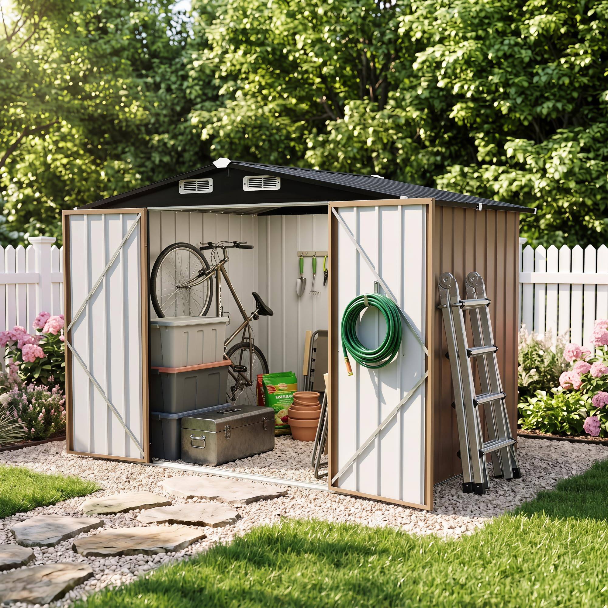 Left. LAUSAINT HOME - 8x6 FT Galvanized Steel Shed Double Lockable Doors Gable Roof and Vent for Backyard Patio Garden Brown - Brown.