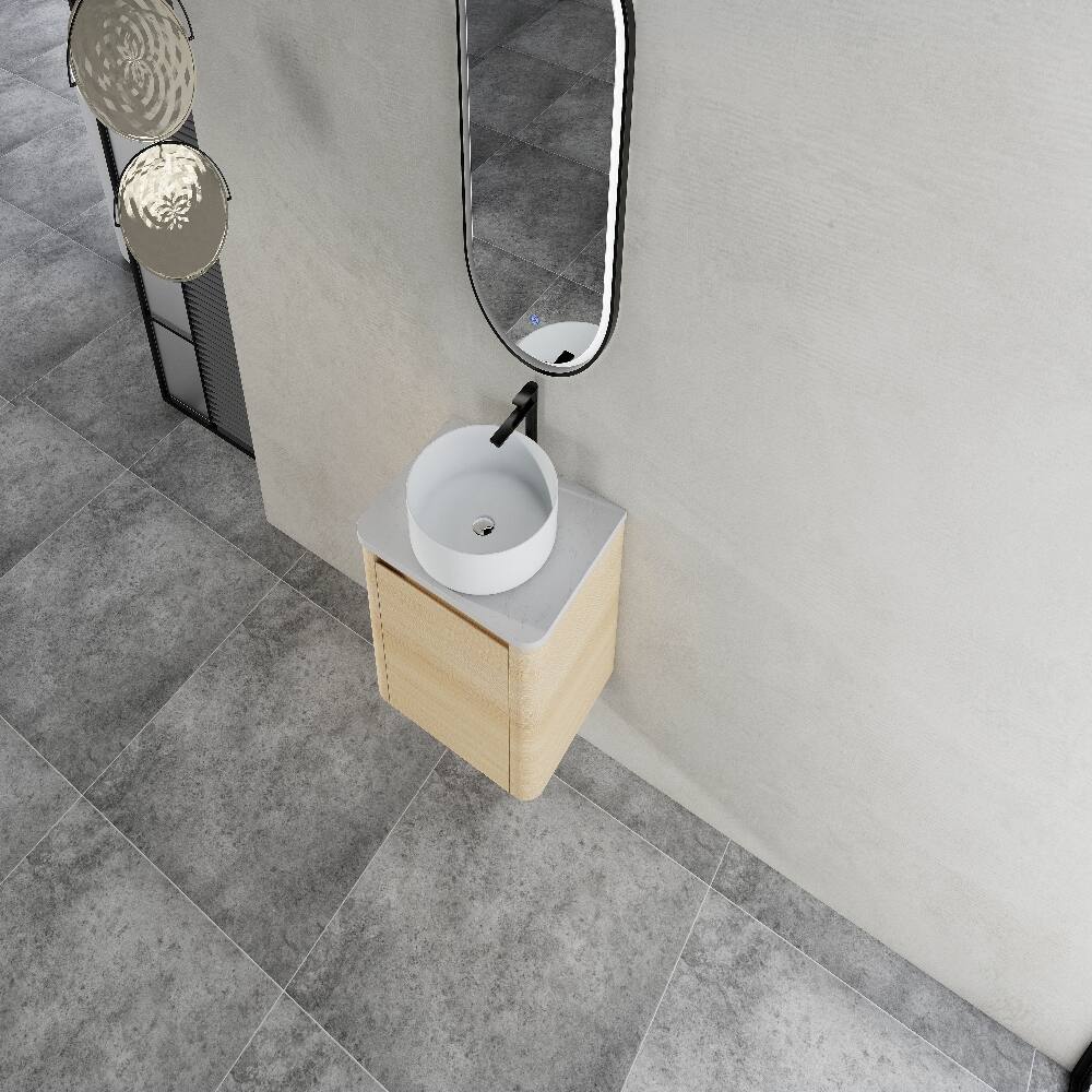 Alt View 1. Loheer - Loheer 24 inch wall mounted bathroom vanity with ceramic art sink soft close door plywood bathroom vanity - American White Oak.