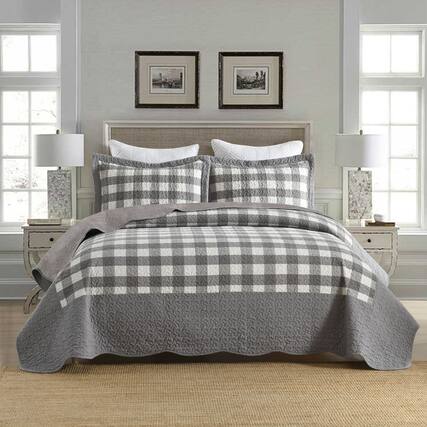 Front. MarCielo - MarCielo 3-Pieces Grey And White Checkered Pattern Quilted Bedspread Set - Gray.