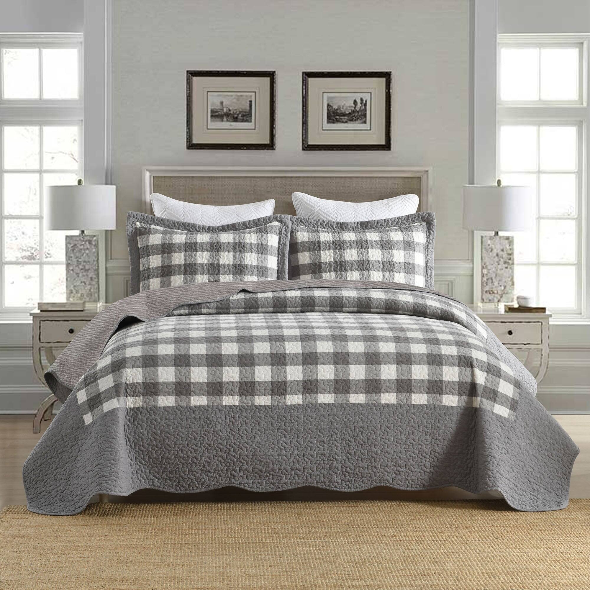 MarCielo - 3-Pieces Grey And White Checkered Pattern Quilted Bedspread Set - Gray