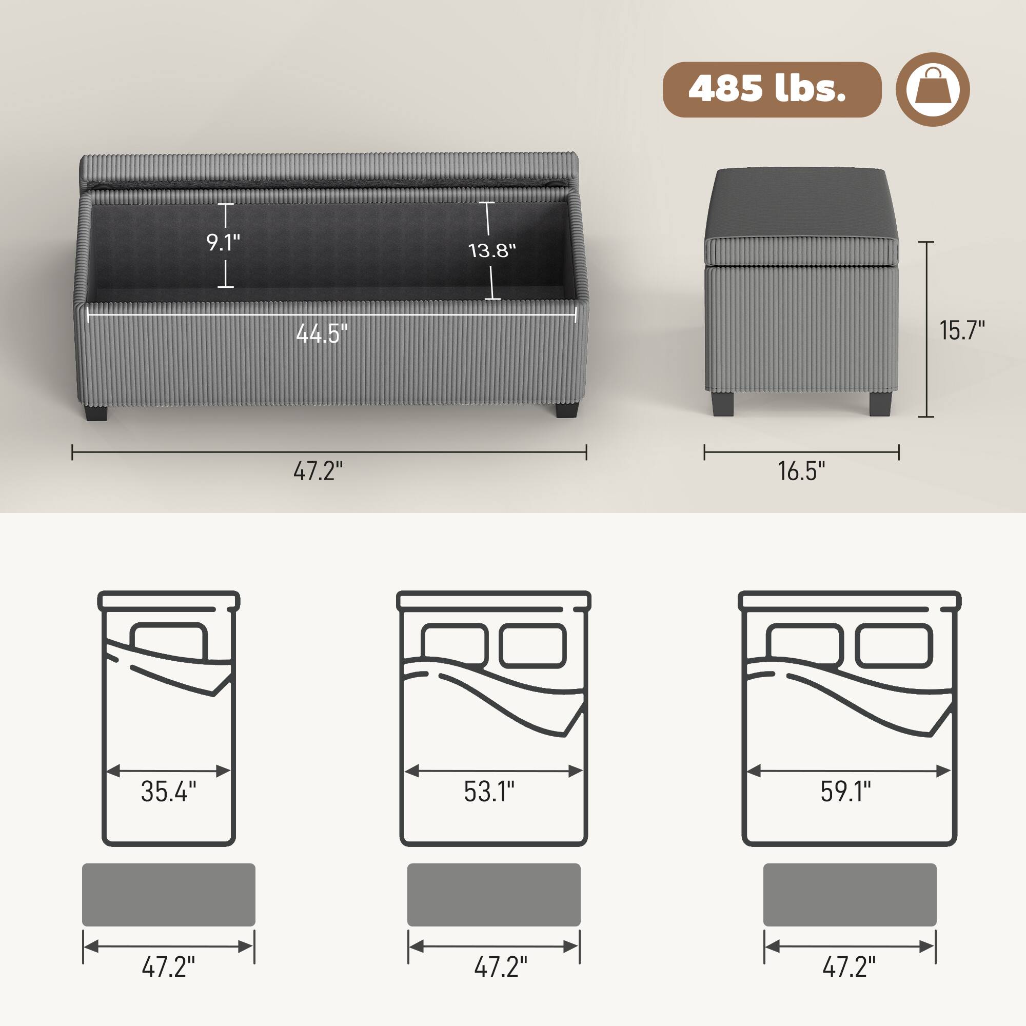 485 lbs.  
9.1"  
13.8"  
44.5"  
47.2"  
15.7"  
16.5"  
35.4"  
53.1"  
59.1"  
47.2"