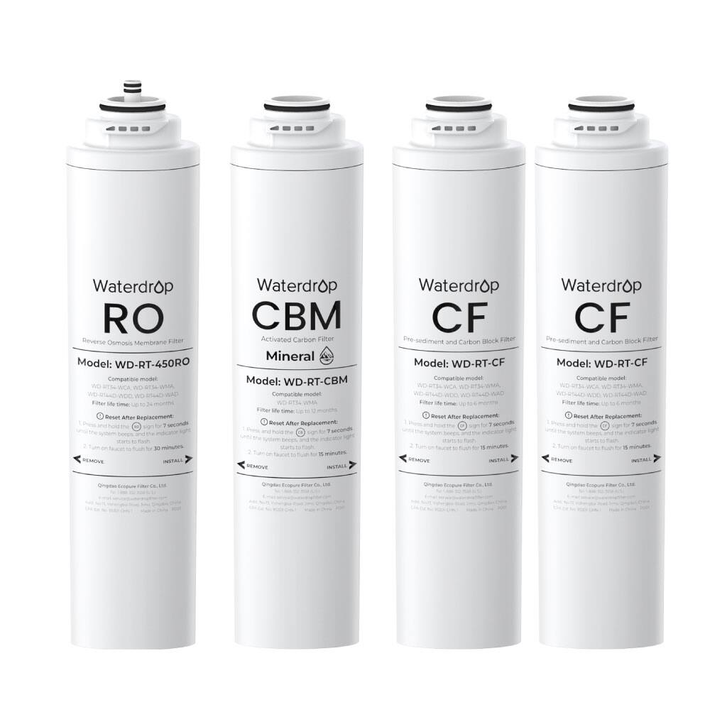 Waterdrop RO  
Reverse Osmosis Membrane Filter  
Model: WD-RT-450RO  
Compatible model: WD RE34-WCA WMA WAD  
Filter life time up to 24 months  
1. Press and hold the reset button for 5 seconds  
2. Turn on the faucet to flush for 30 minutes  
REMOVE  
INSTALL  

Waterdrop CBM  
Activated Carbon Filter Mineral  
Model: WD-RT-CBM  
Compatible model: WD RE34-WCA WMA  
Filter life time up to 12 months  
1. Press and hold the reset button for 5 seconds  
2. Turn on the faucet to flush for 15 minutes  
REMOVE  
INSTALL  

Waterdrop CF  
Pre-sediment and Carbon Block Filter  
Model: WD-RT-CF  
Compatible model: WD RE34-WCA WMA  
Filter life time up to 6 months  
1. Press and hold the reset button for 5 seconds  
2. Turn on the faucet to flush for 15 minutes  
REMOVE  
INSTALL  

Waterdrop CF  
Pre-sediment and Carbon Block Filter  
Model: WD-RT-CF  
Compatible model: WD RE34-WCA WMA  
Filter
