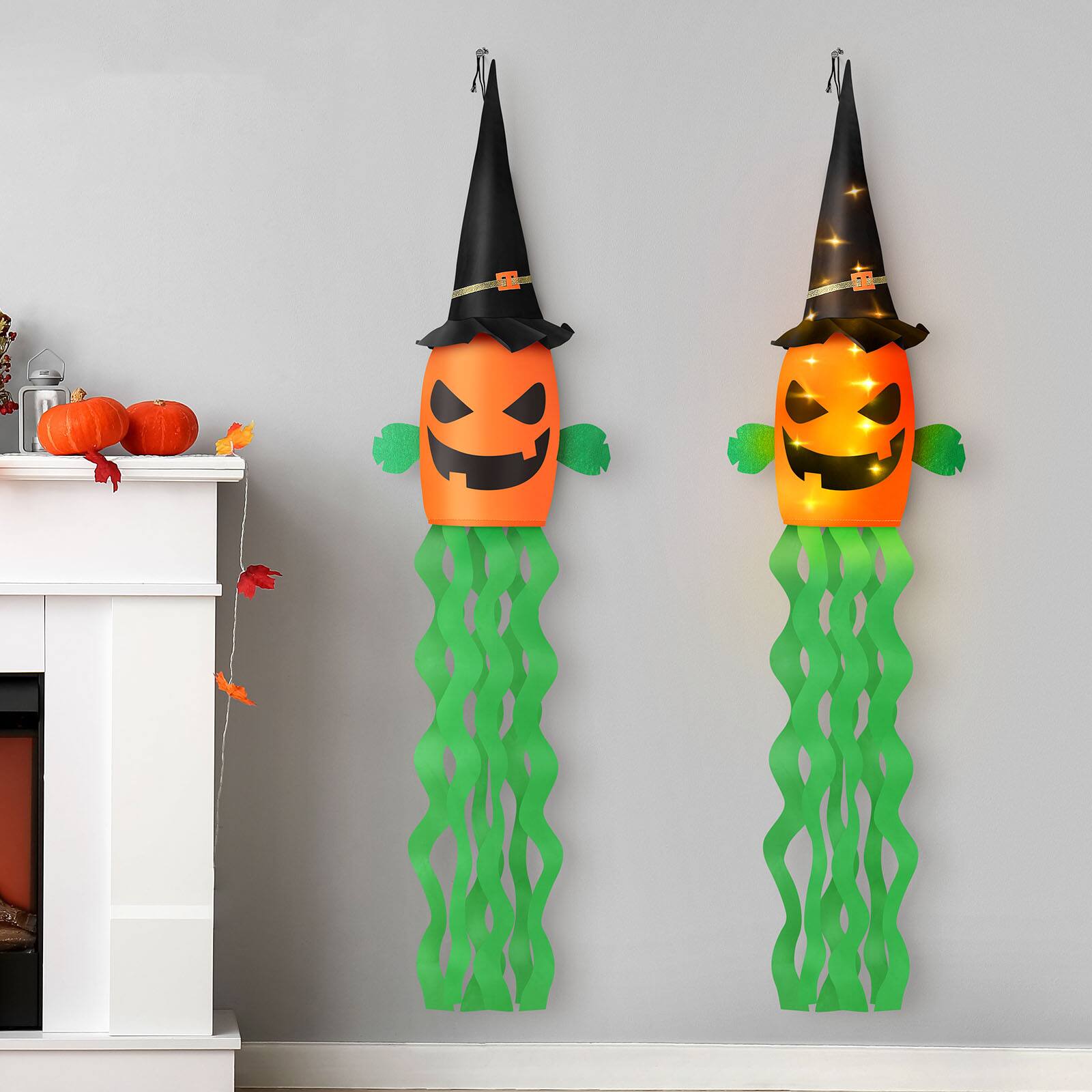 Alt View 3. Oumilen - 2-Pack 53 Inch Lighted Halloween Pumpkin Windsock, Warm White LED Jack-O-Lantern Hanging Flag for Porch Yard Decor - Orange.