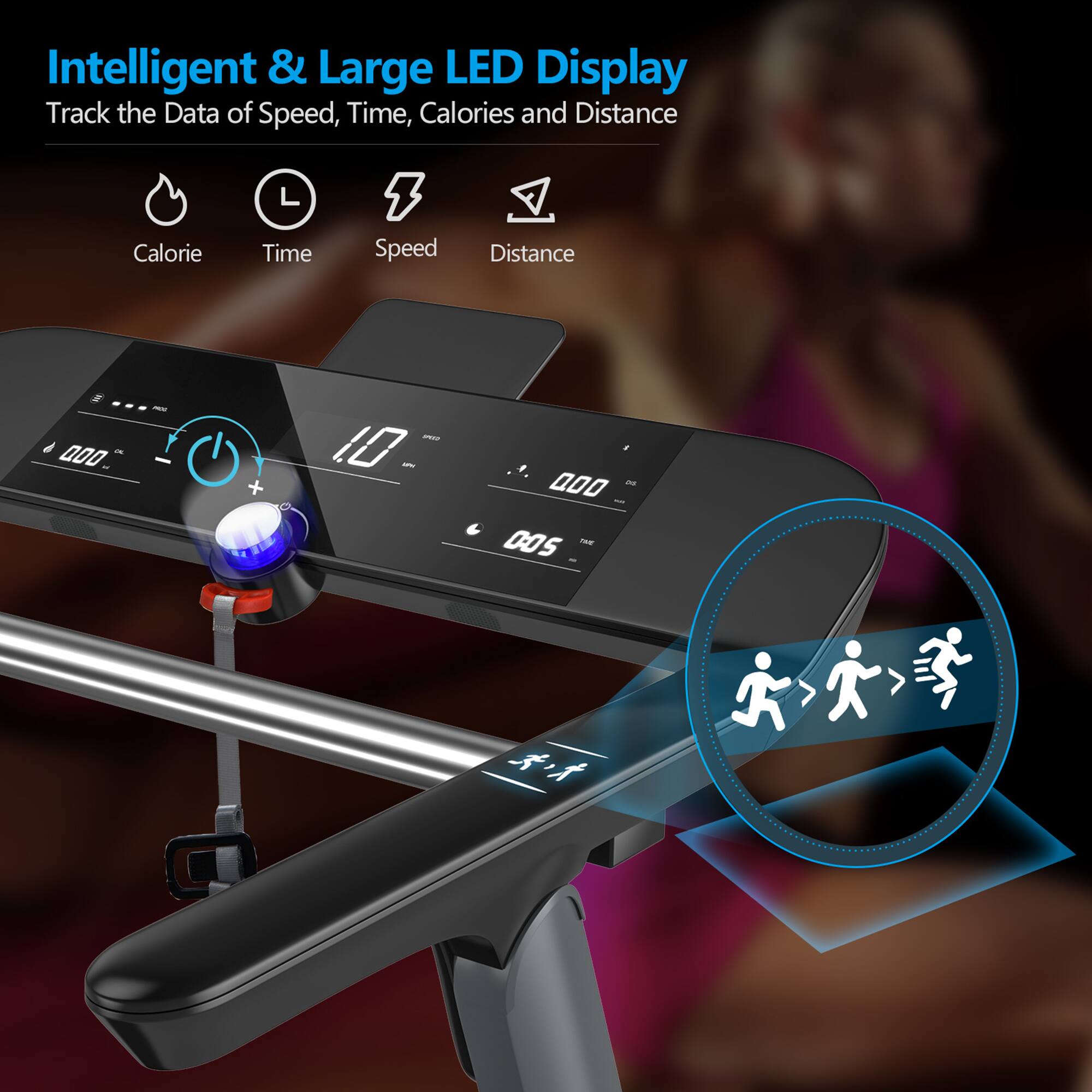 Intelligent & Large LED Display  
Track the Data of Speed, Time, Calories and Distance  

Calorie Time Speed Distance  

000 10 000 005