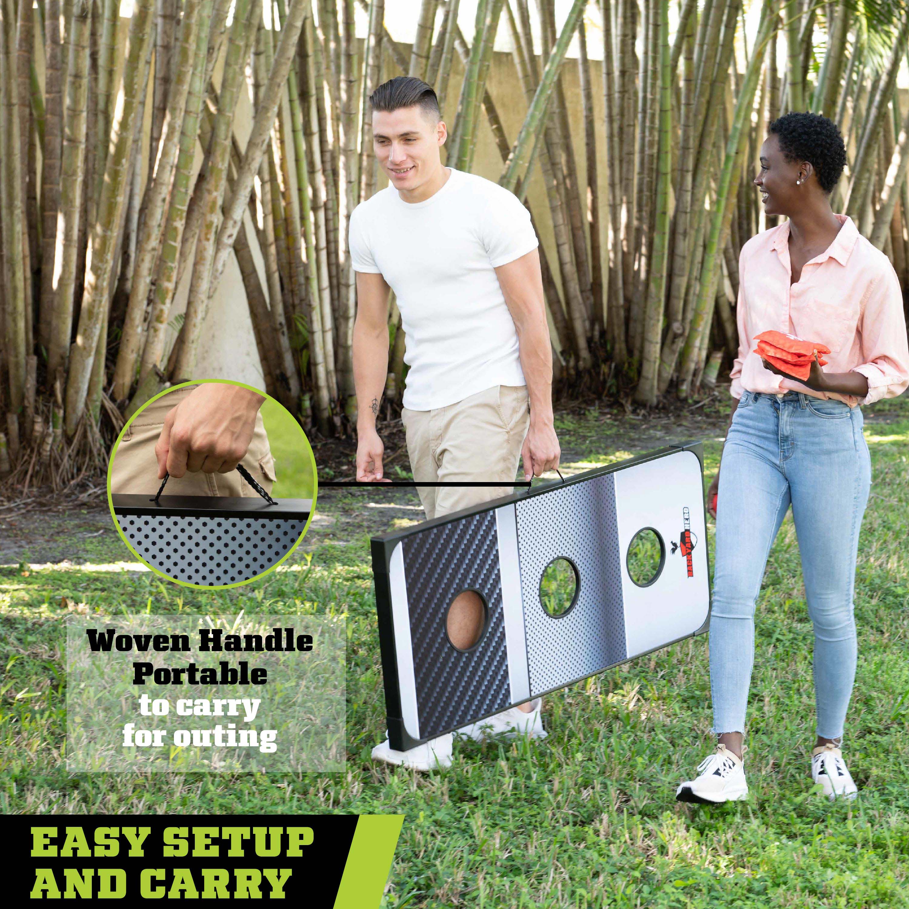 The text on the image reads: "Woven Handle Portable to carry for outing TV EASY SETUP AND CARRY."