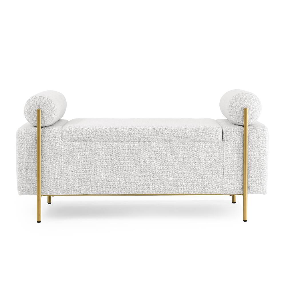Alt View 2. Ropilly - Ropilly White Upholstered Linen Storage Bench with Gold Iron Legs & Cylindrical Arms for Bedroom Entryway Hallway - White.