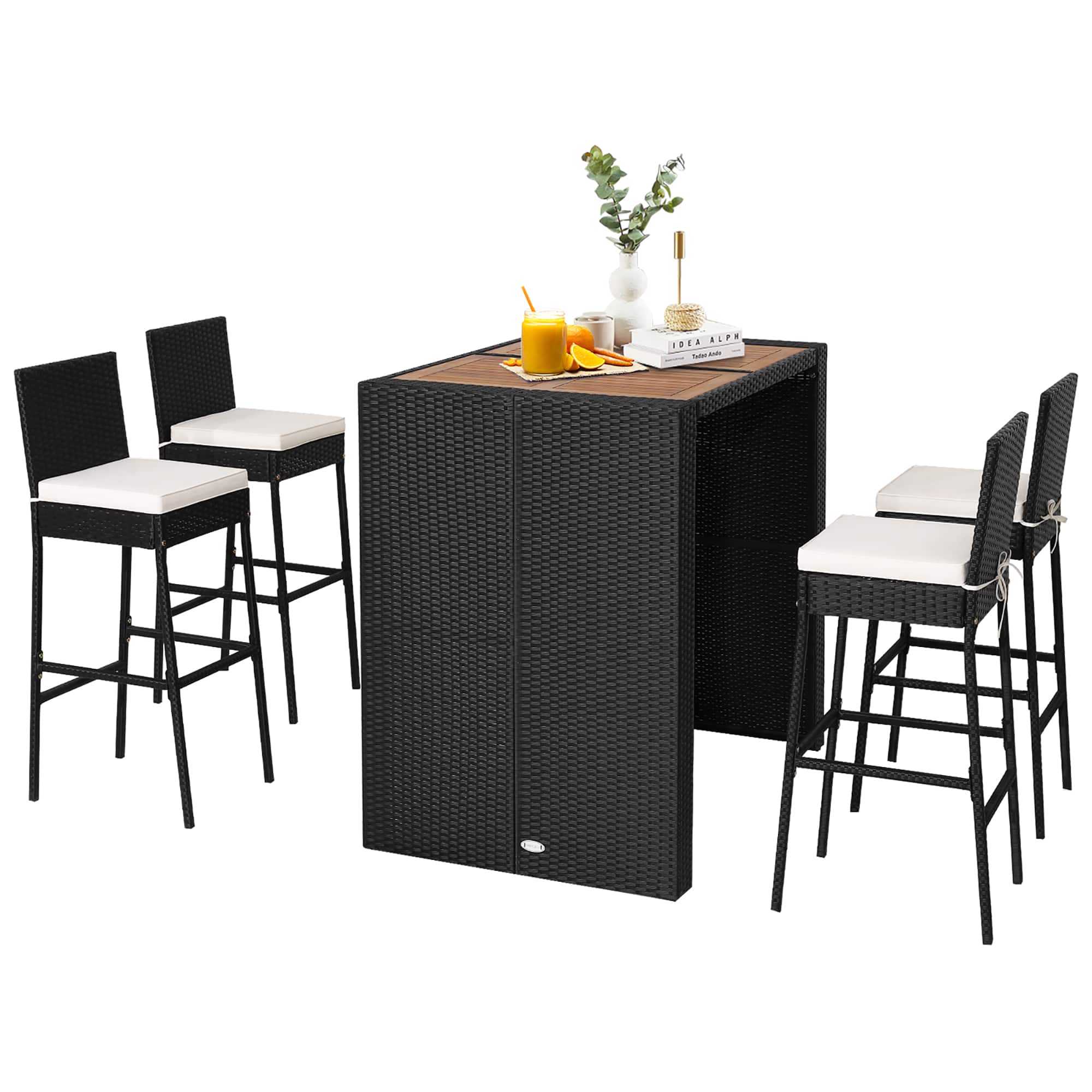 Costway - 5-Piece Patio PE Wicker Bar Set Outdoor Acacia Wood Dining Table Stool Bistro - Black,Off White,Natural price history on PriceWatchPro