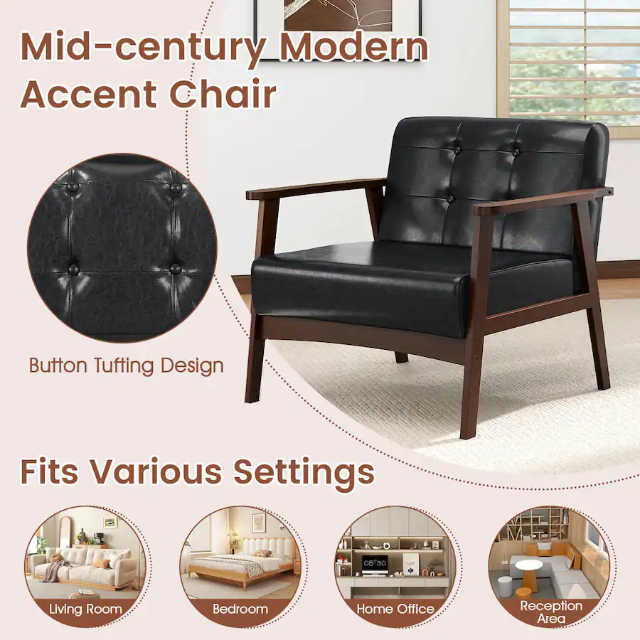 Costway Mid Century Accent Chair Tufted Reading Armchair Solid Rubber ...