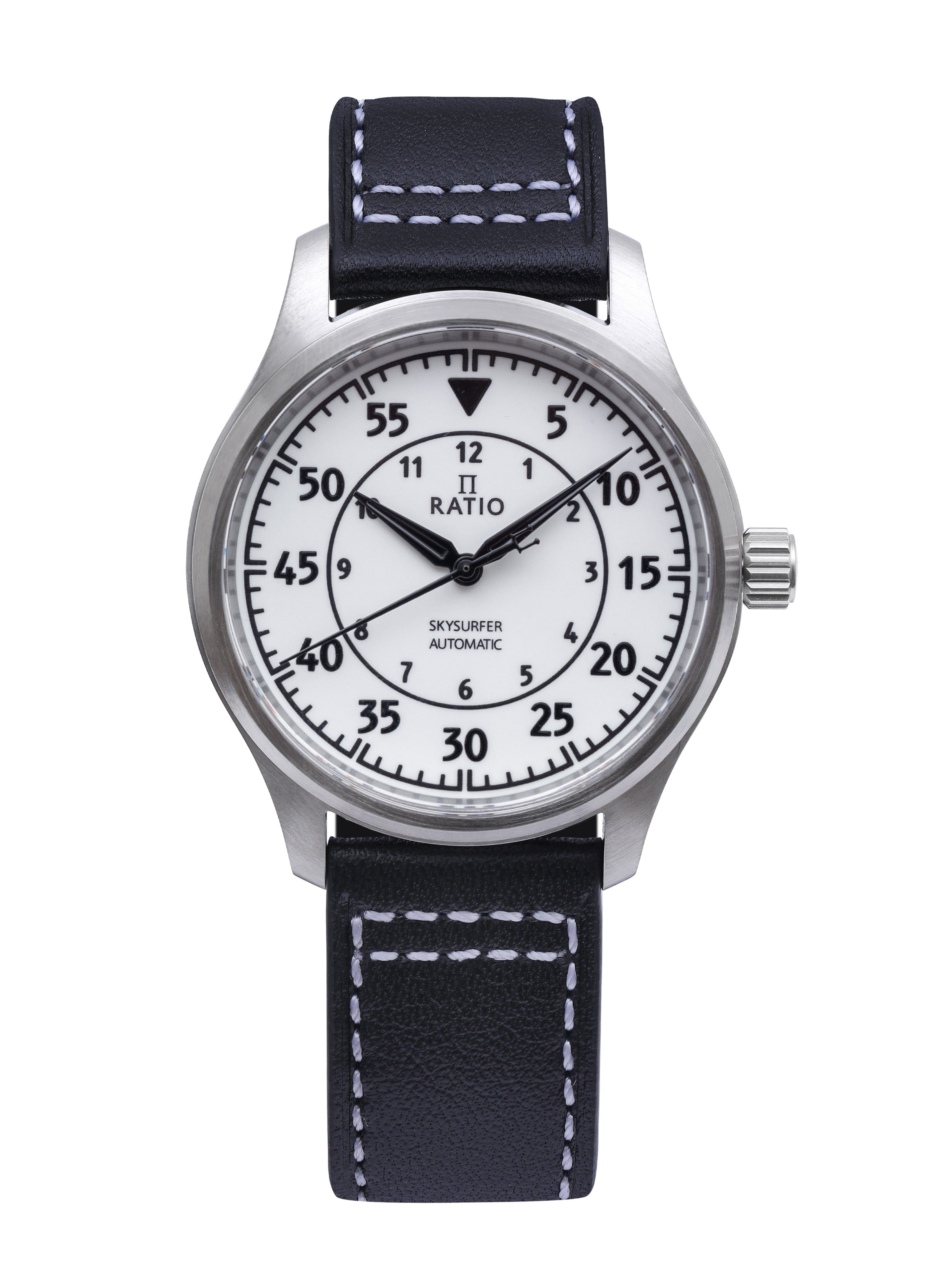 RATIO - Skysurfer Pilot Full Luminous Dial Leather Automatic RTS324 200M Men's Watch - Silver and black