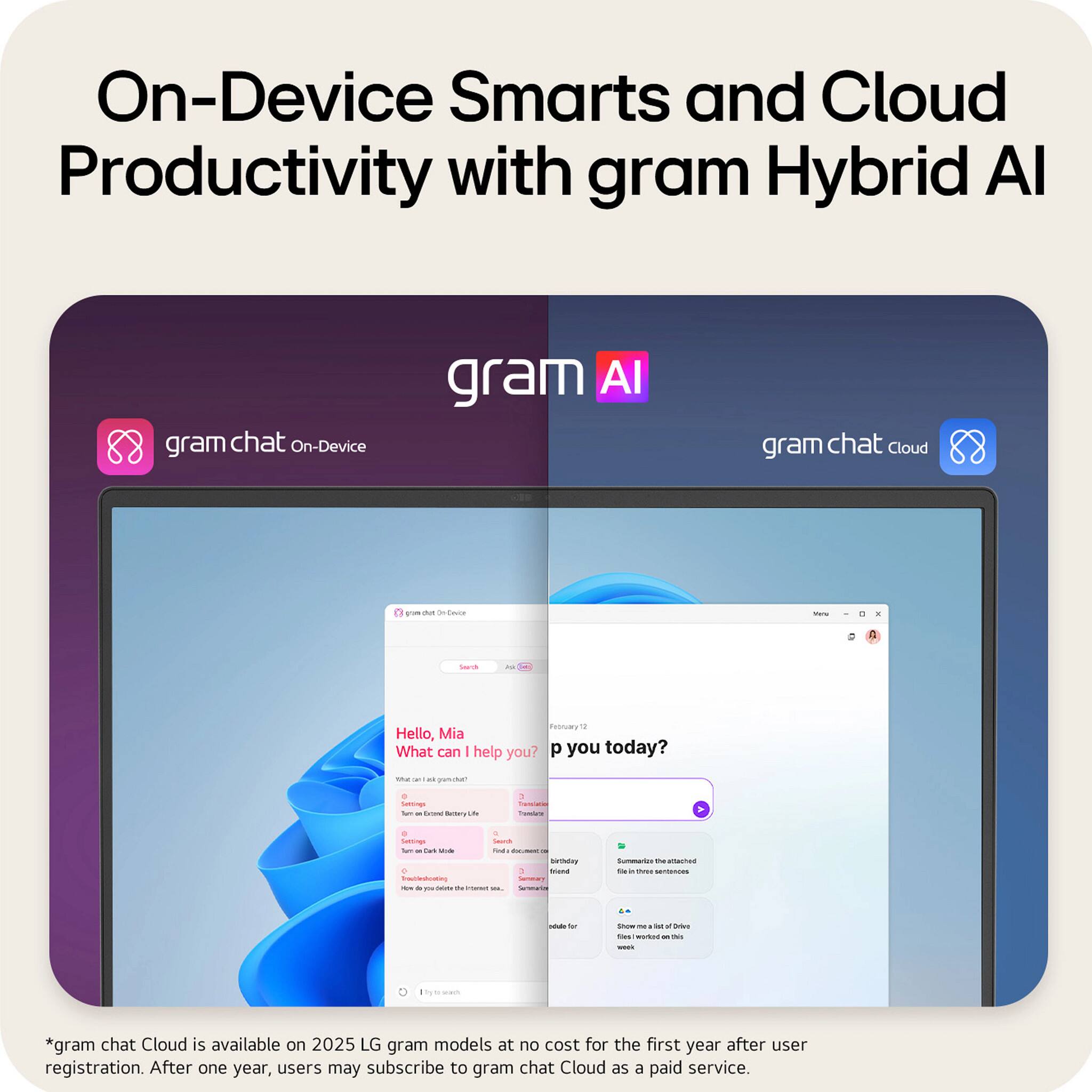 On-Device Smarts and Cloud Productivity with gram Hybrid AI

gram chat On-Device
gram chat Cloud

Hello, Mia
What can I help you?

p you today?

*gram chat Cloud is available on 2025 LG gram models at no cost for the first year after user registration. After one year, users may subscribe to gram chat Cloud as a paid service.