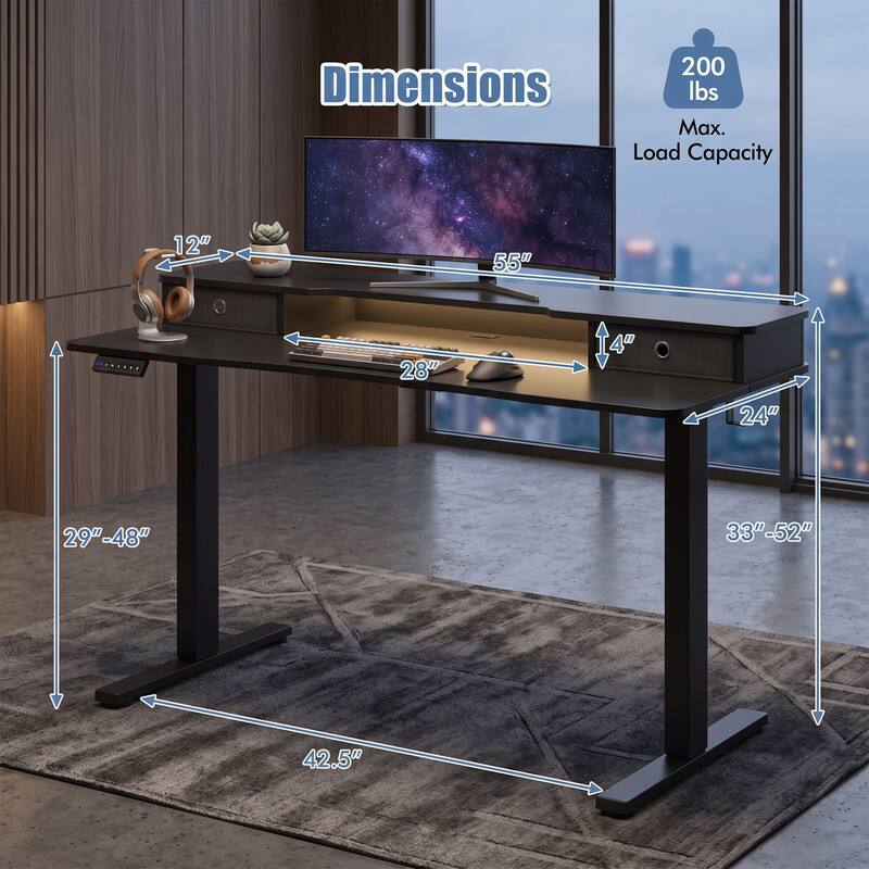 Dimensions: 12" x 55" x 28" x 4" x 24" x 29"-48" x 33"-52" x 42.5"  
Max. Load Capacity: 200 lbs