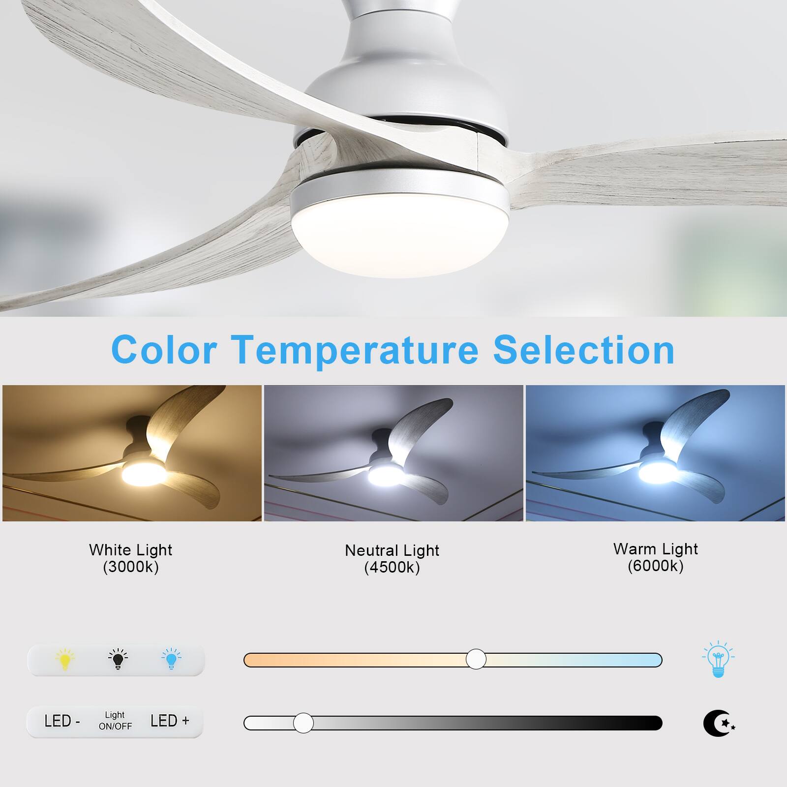 Color Temperature Selection

White Light (3000k)  
Neutral Light (4500k)  
Warm Light (6000k)

LED - Light ON/OFF  
LED +