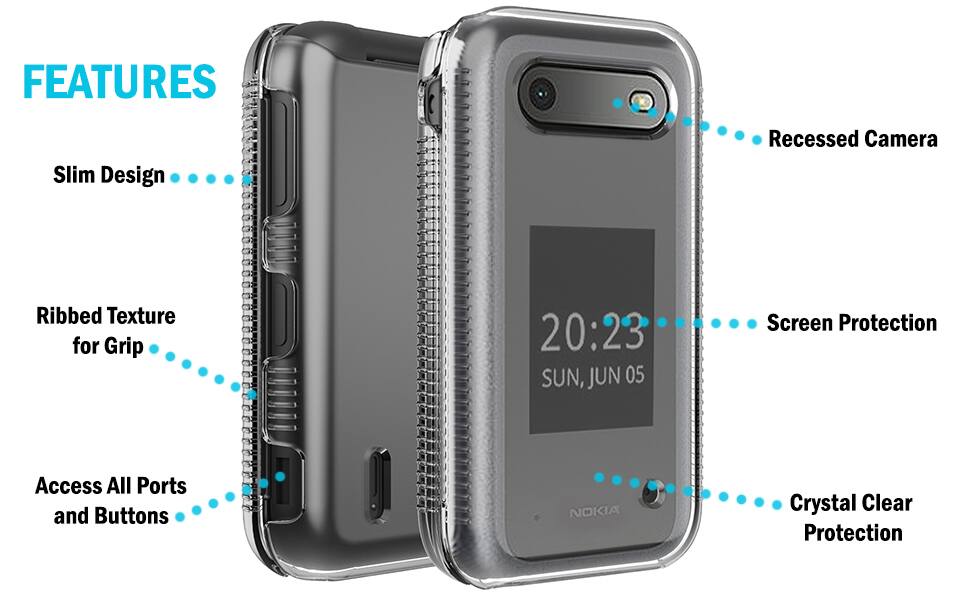 FEATURES  
- Slim Design  
- Recessed Camera  
- Ribbed Texture for Grip  
- Access All Ports and Buttons  
- Screen Protection  
- Crystal Clear Protection  

20:23  
SUN, JUN 05  

NOKIA