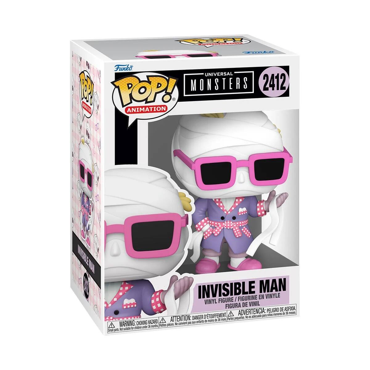 Funko POP! ANIMATION  
UNIVERSAL MONSTERS  
2412  

INVISIBLE MAN  
VINYL FIGURE / FIGURINE EN VINYLE / FIGURA DE VINIL  

ADVERTENCIA: PELIGRO DE ASFIXIA A menores de 5 años. D'TOUFFEMENT. acecuede SEr sios DANGER pequieres to a HAZARO A ATTENTION: - entarts a mor de 36 no Partes A WARNING: CHOKING HAZARD - Small parts. Not for children under 3 years.