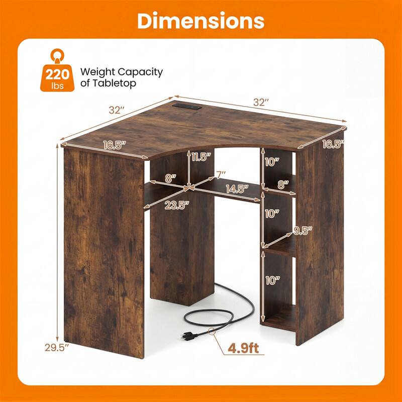 Dimensions

Weight Capacity of Tabletop: 220 lbs

- Length: 32"
- Width: 32"
- Height: 29.5"
- Shelf 1: 16.5" x 11.5"
- Shelf 2: 16.5" x 10"
- Shelf 3: 16.5" x 9.5"
- Shelf 4: 16.5" x 10"
- Shelf 5: 16.5" x 10"
- Overall Height: 4.9ft
