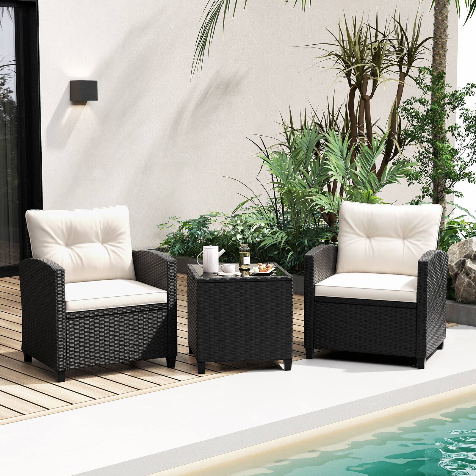 Alt View 3. Costway - 3 PCS Patio Furniture Set with Tempered Glass Coffee Table Washable Cushions - Off White,Black.
