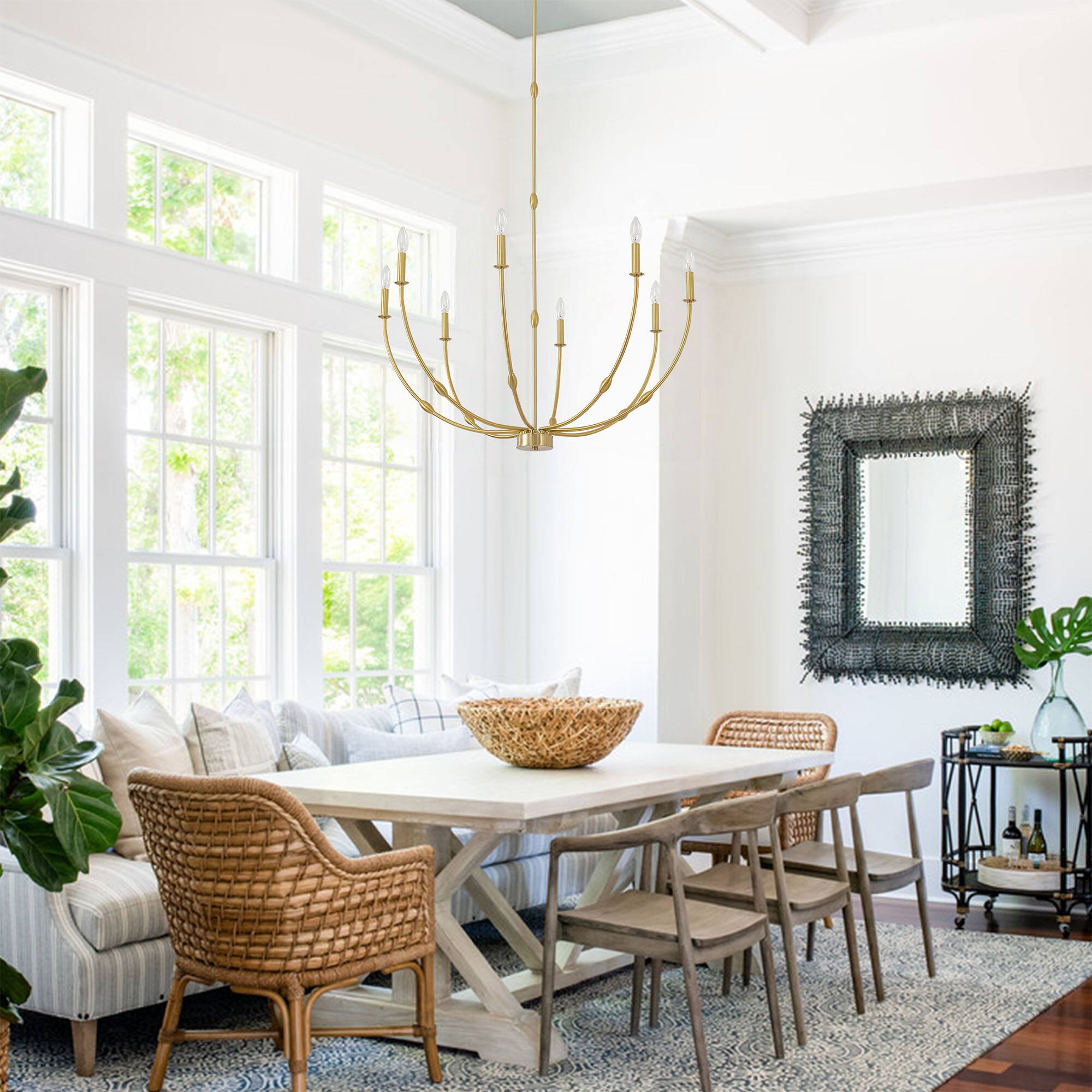 Angle. RYHNUYNE - 8-Light Gold Chandelier Light Fixture, Industrial Candle Chandelier for Dining Room, Large Chandeliers for High Ceilings - Gold.