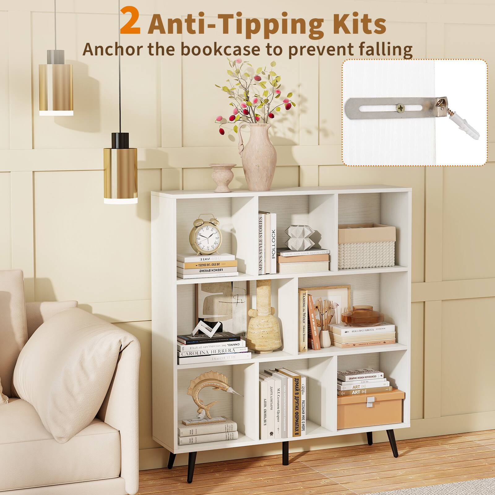 2 Anti-Tipping Kits Anchor the bookcase to prevent falling