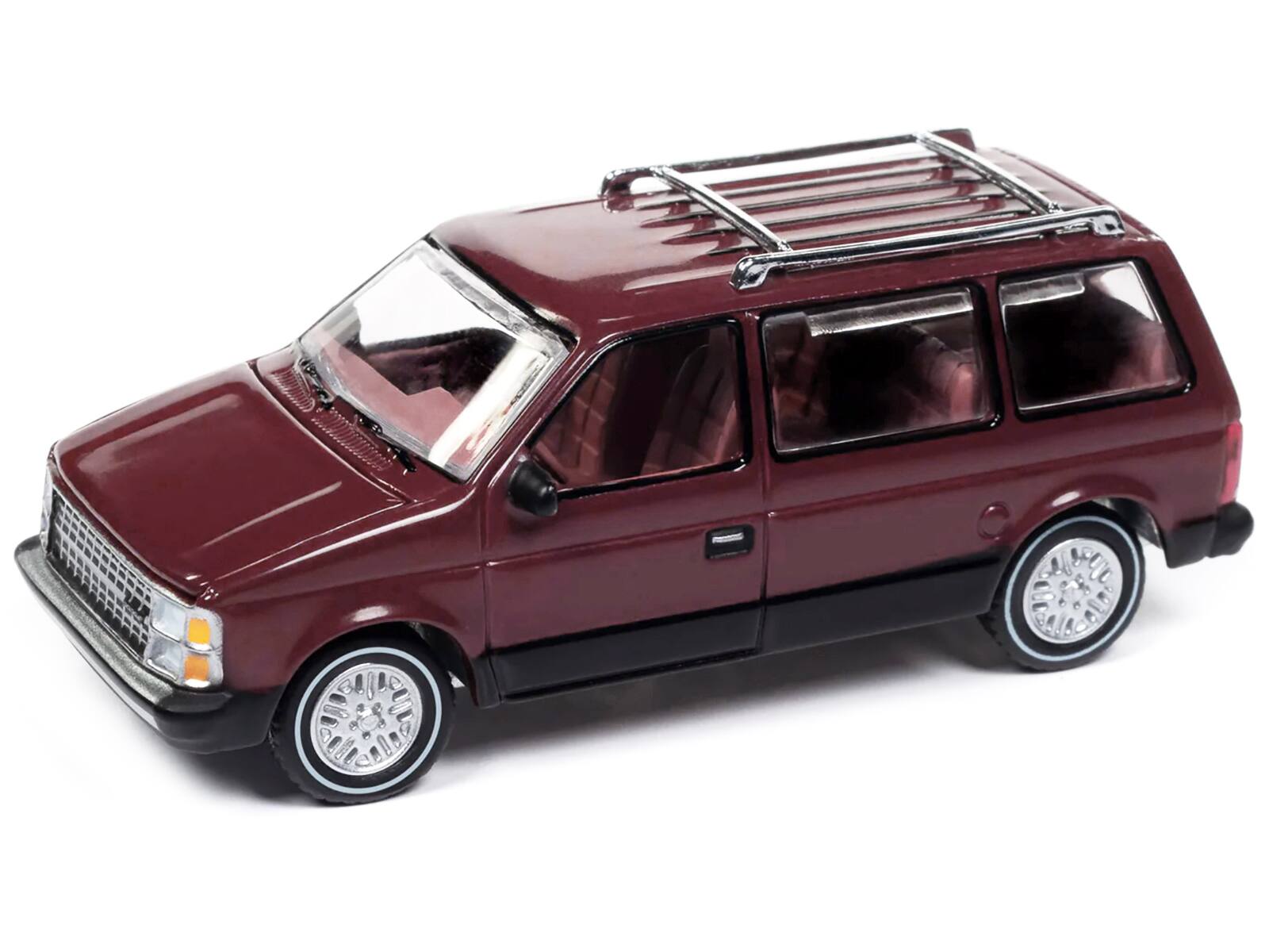 Angle. Autoworld - 1985 Dodge Caravan Van Crimson Red and Black "Mighty Minivans" Series 1/64 Diecast Model Car by Auto World - Crimson Red And Black.